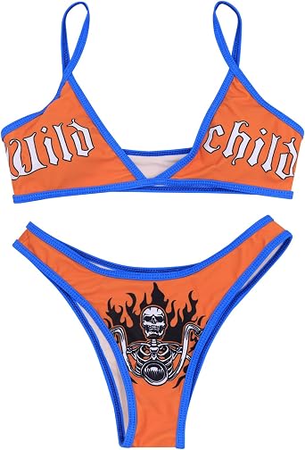 ZGMYC Women Funny Skull Letter Print Goth Bikini Set 2 Piece Neon Bandeau Swimsuit