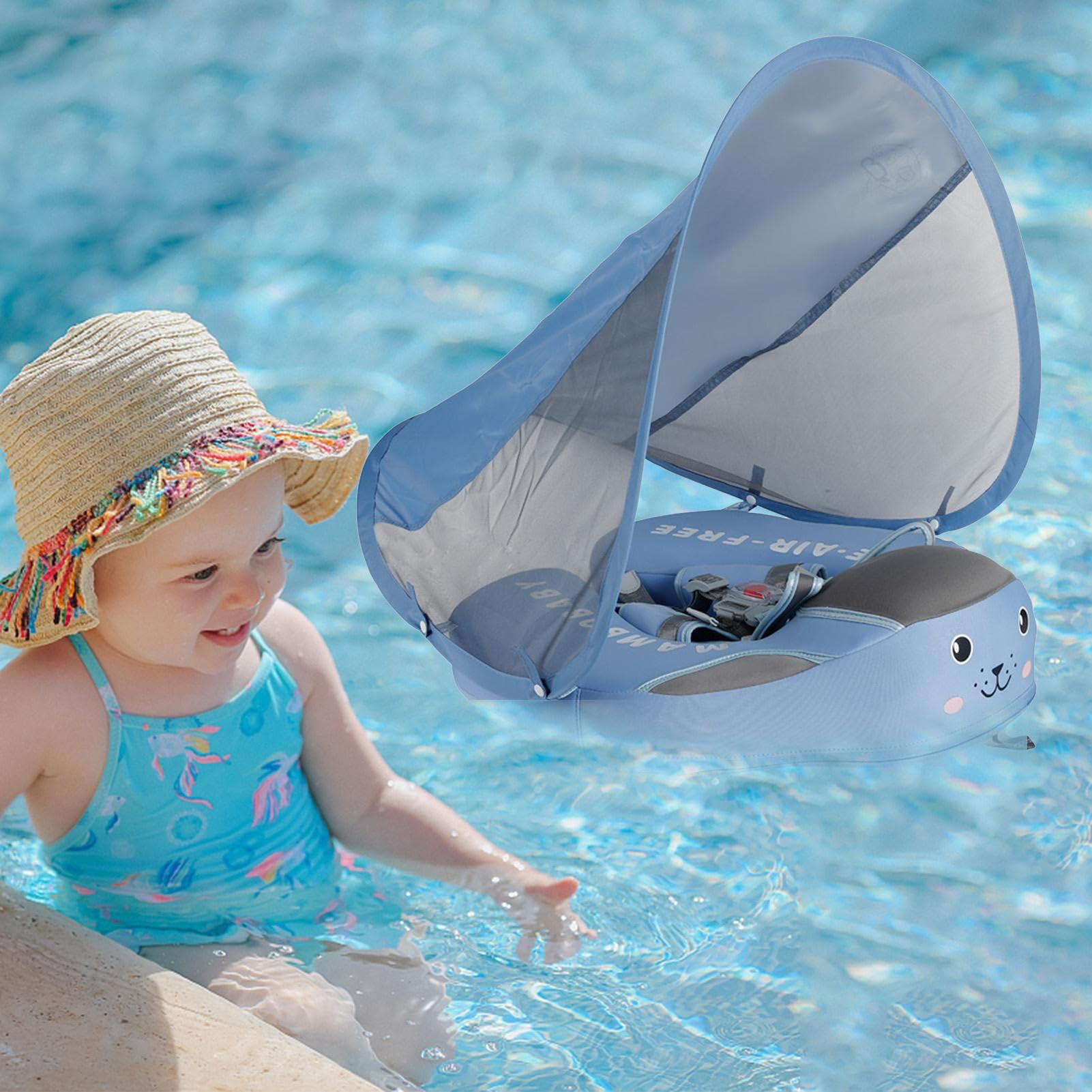 Mambobaby Galleggiante per Piscina per Bambini con Cappottina Solare UPF 50+ UV Aggiungi Coda Allenatore di Nuoto per Neonati Anello da Nuoto in Vita Non Gonfiabile per Neonato 3 Colori acquista in