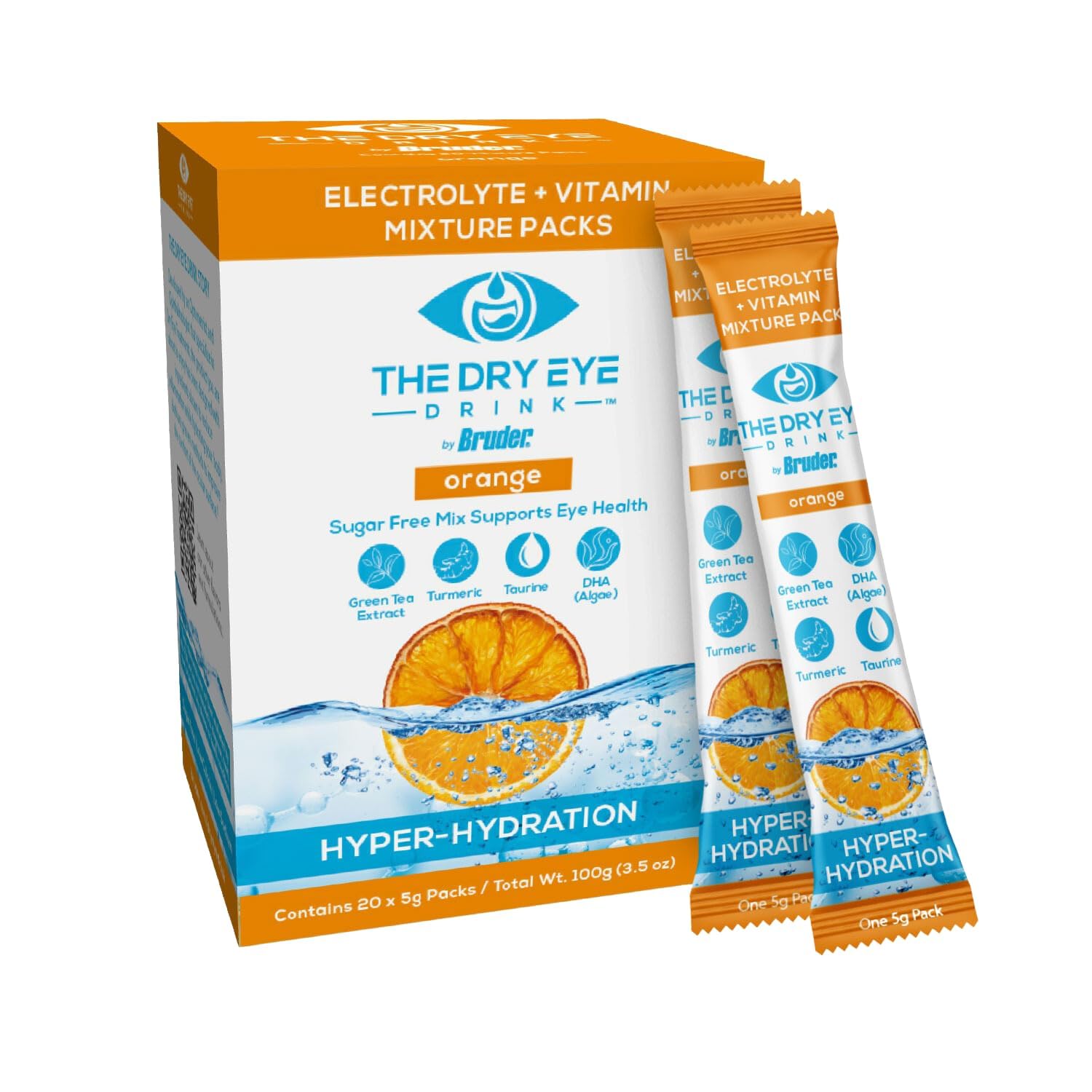 l Ultimate Hydration for Dry Eyes l Sugar-Free Electrolyte Powder Packets l Blended with Vitamins, Green Tea, Turmeric, Taurine, and DHA l 5g x 20 Packets (Orange)
