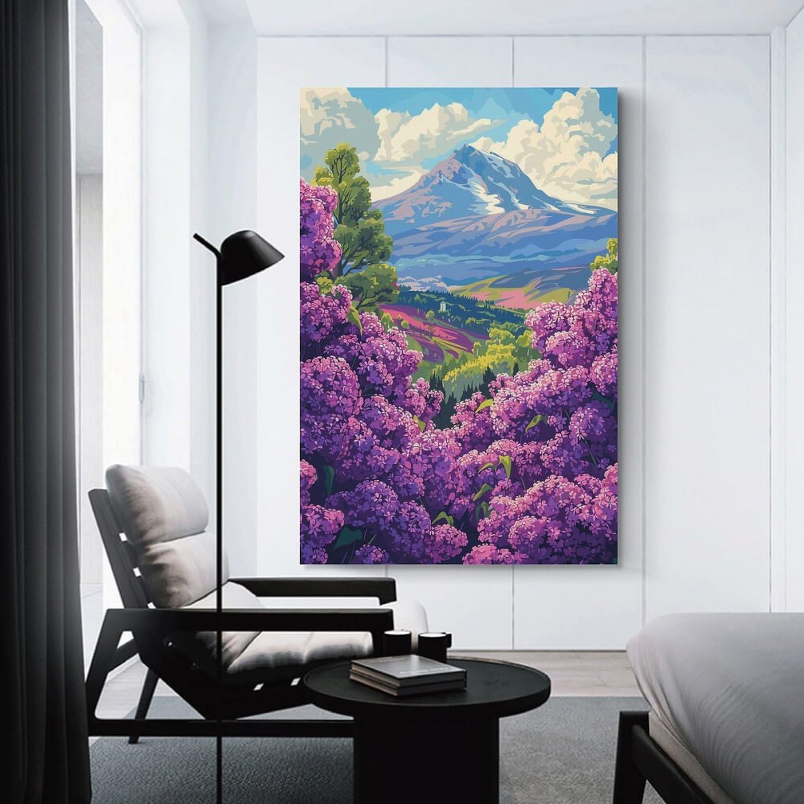 Junmoney Mountain View with Lilacs Room Decor Wall Art, 24x36inch(60x90cm), for Office, Study Or Home Workspace, Decorative Artwork for Productive Spaces