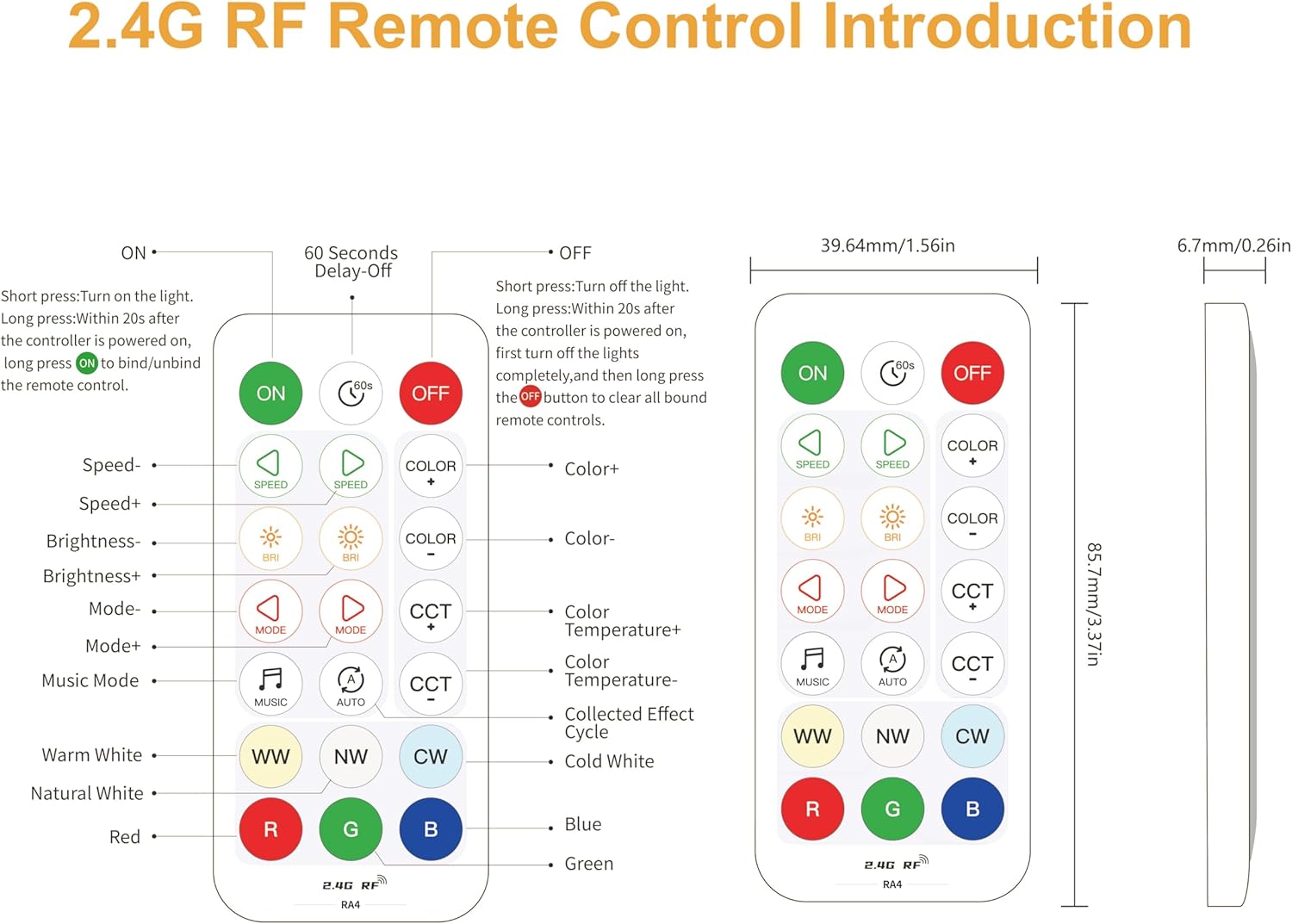PAUTIX 2.4G RF Remote Control layout and functions