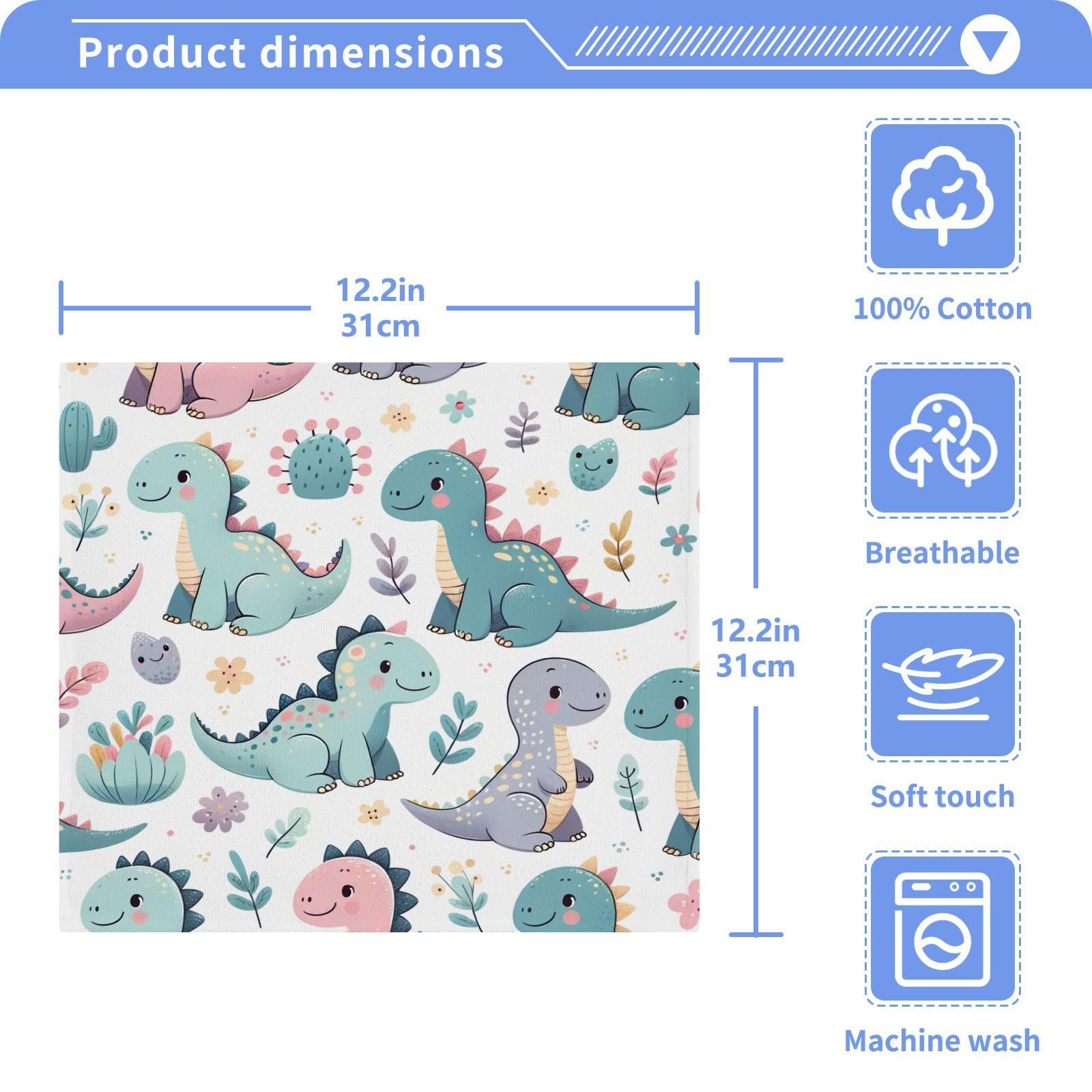 YANENDIE Cute Little Dinosaurs Washcloths Towels, Highly Absorbent and Soft Cotton Face Cloths, 2 Pack Quick Dry Wash Cloths - 12 X 12 Inches
