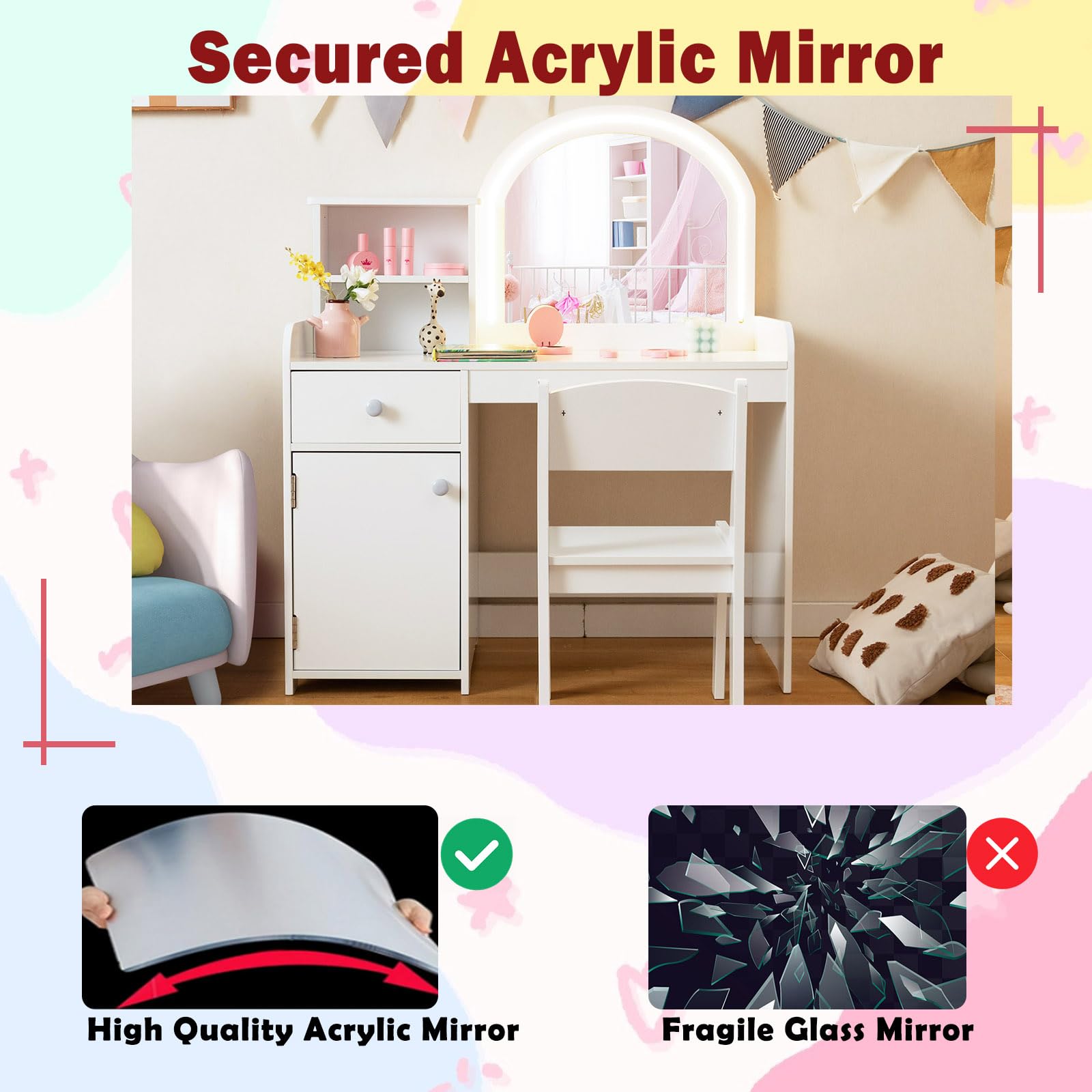 LIFEZEAL 2 en 1 Coiffeuse et Bureau pour Enfants avec Chaise, Table de Maquillage Fille avec Miroir LED & Casier, Coiffeuse en Bois avec Tiroir & Étagère, 3+ Ans, Charge de 50kg (Blanc)