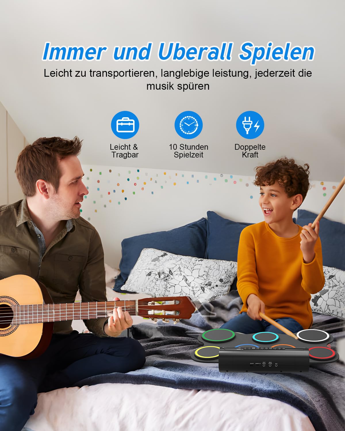 Schlagzeug Elektronisch, 7 Pads Faltbares Elektronisches Schlagzeug mit Drumsticks und Dual Speakers, Farbe Tragrbares Elektrische Drum set für Kinder, Anfänger Geburtstag und Geschenk