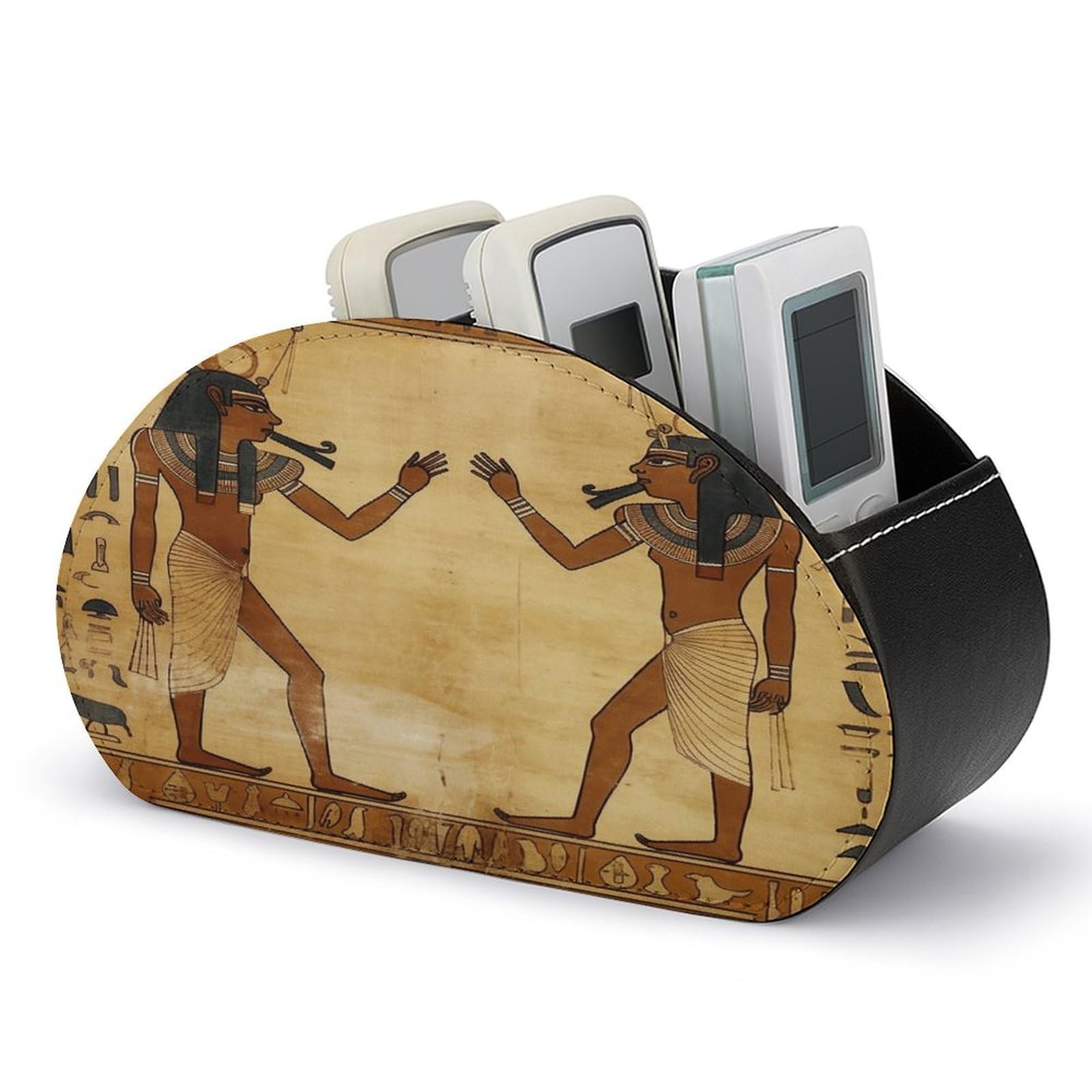 VstaDank Ancient Egyptian Remote Control Holder Farmhouse TV Media Remote Storage Box with 5 Compartments PU Leather Remote Caddy Desktop Organizer for Home Bedside Table Organizer