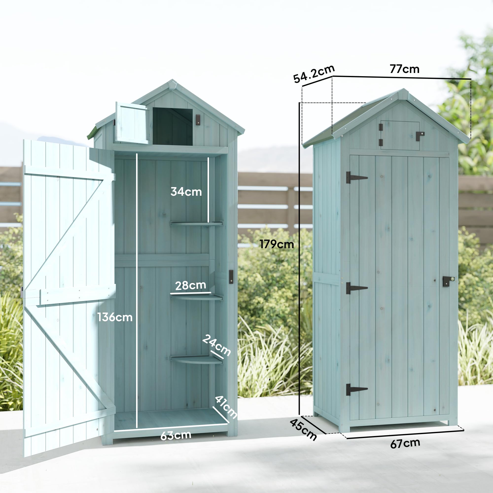 Outsunny Capanno da Giardino Piccolo in Legno, Porta Attrezzi Salvaspazio, 3 Mensole Rimovibili, Tetto in Asfalto Impermeabile, 77x54.2x179cm, Blu