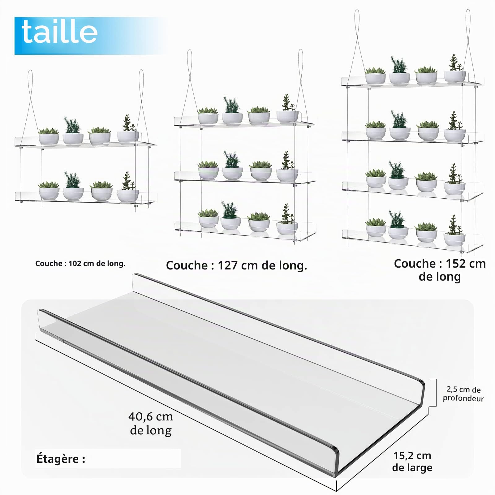 Étagères à suspendre en acrylique pour fenêtres, hauteur réglable, transparent, à suspendre, support mural pour plantes à suspendre pour fenêtre, cultiver des herbes, des fleurs