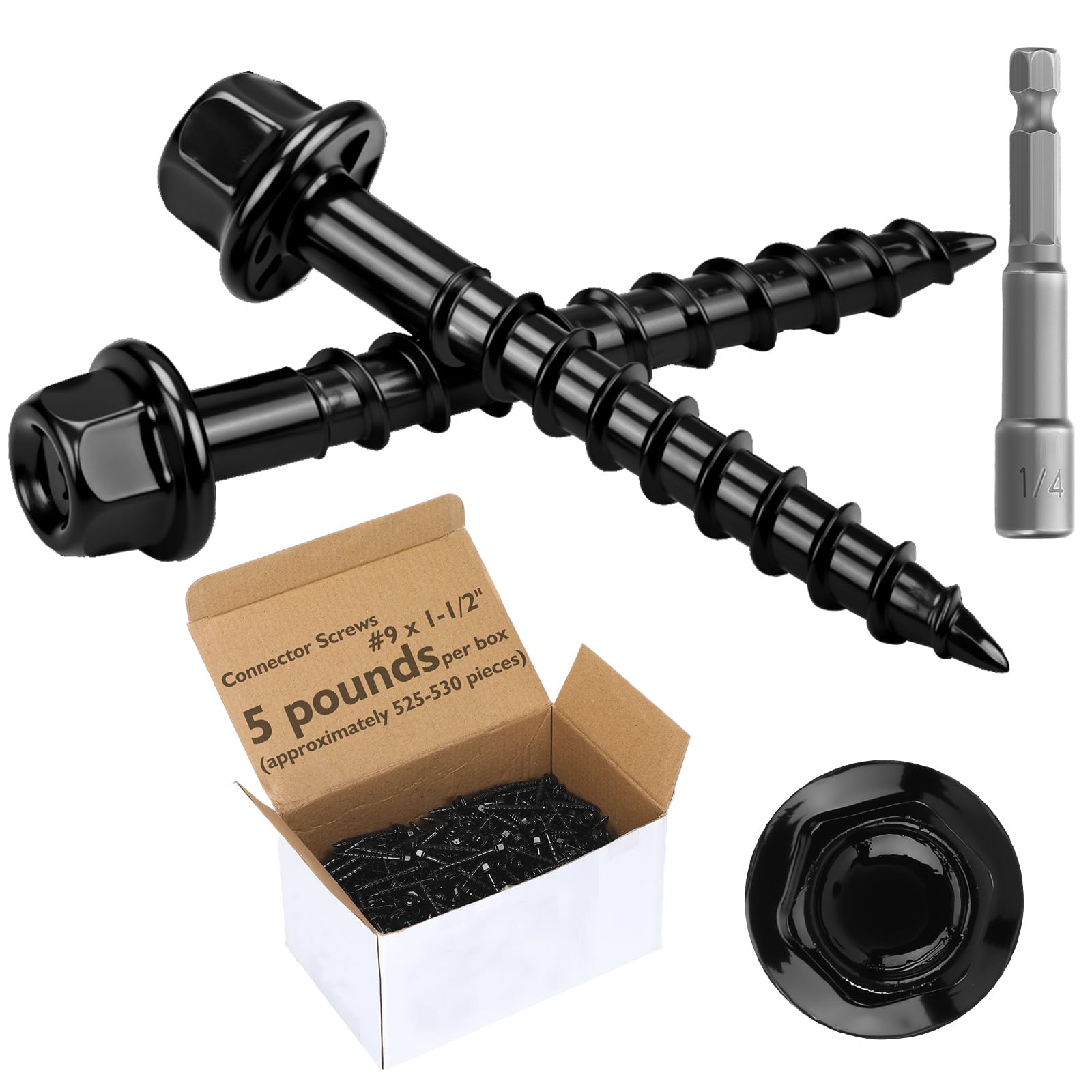 5 lb Joist Hanger Screws Bulk #9 x 1-1/2" Connector Screws 1/4" Hex Head Wood Nails with Washer Hex Bit Galvanized Corrosion Resistant for Fencing Decks Frames Bridge Construction(Black)