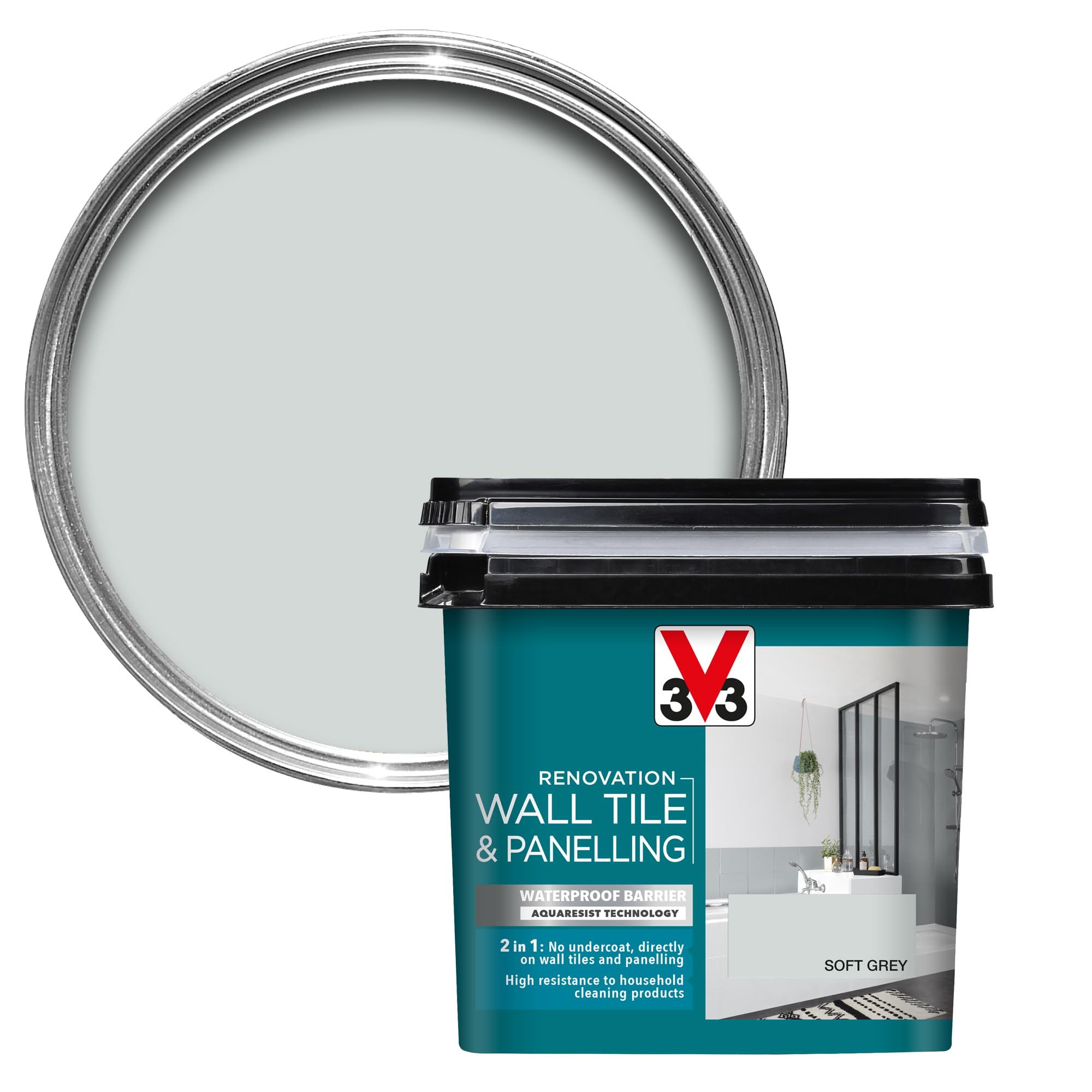 V33 Renovation Wall Tile & Panelling Paint - No Undercoat Needed - For High Moisture Surfaces - Resistant To Temperature Variations - Soft Grey 750ml