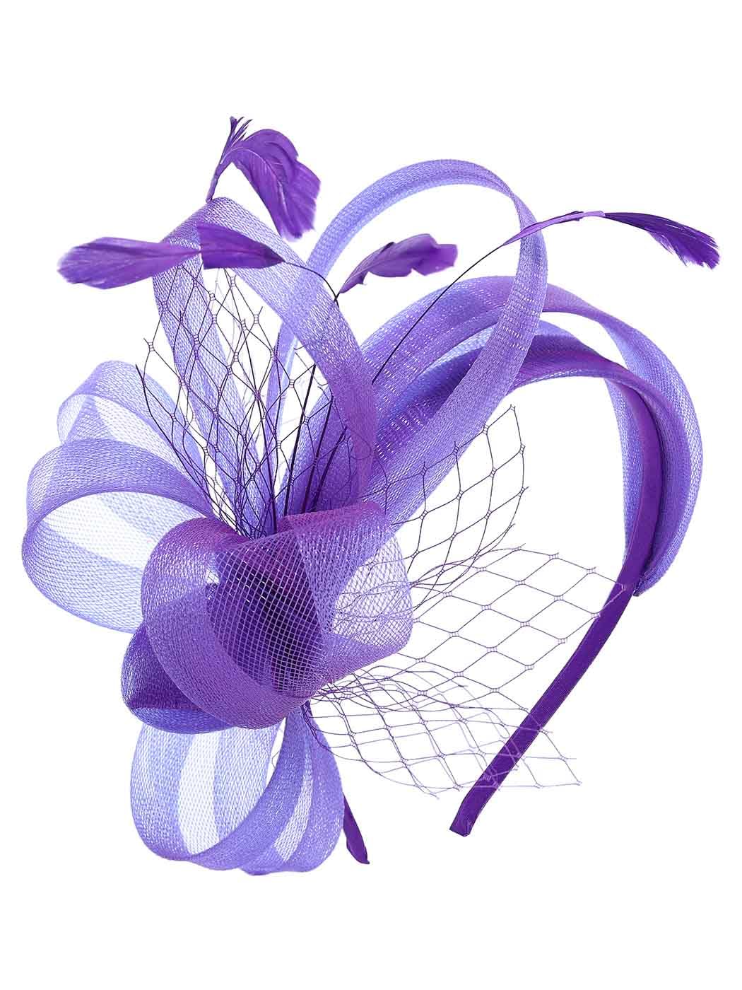 IYOU Feather Wedding Fascinators Headband Purple Flower Tulle Hair Bands Mesh Veil Bridal Cocktail Tea Party Hair Accessories for Women