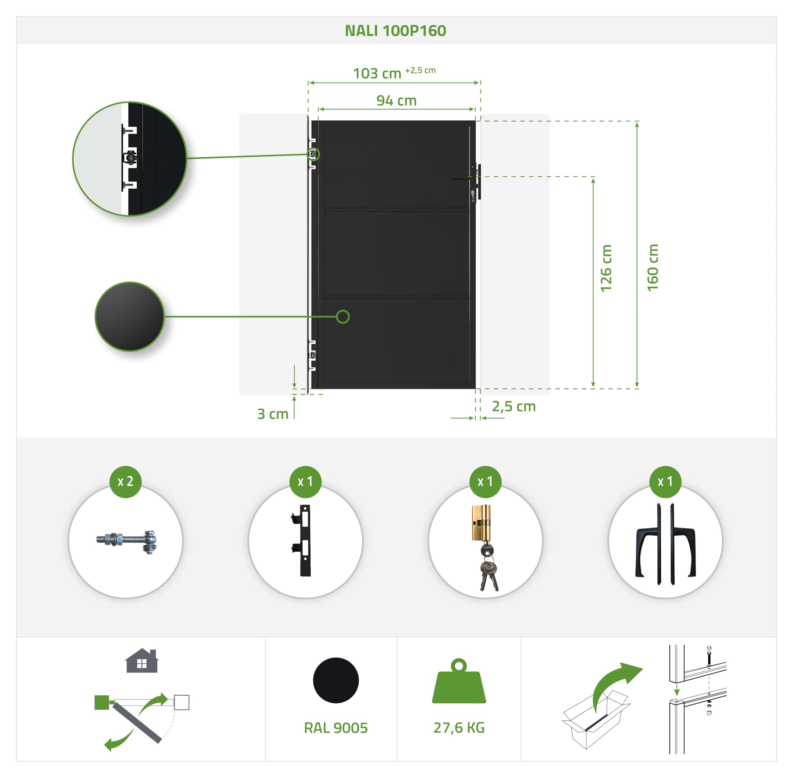 Portillon acier 1M NALI H.160cm Noir mat + 2 poteaux acier DARIO