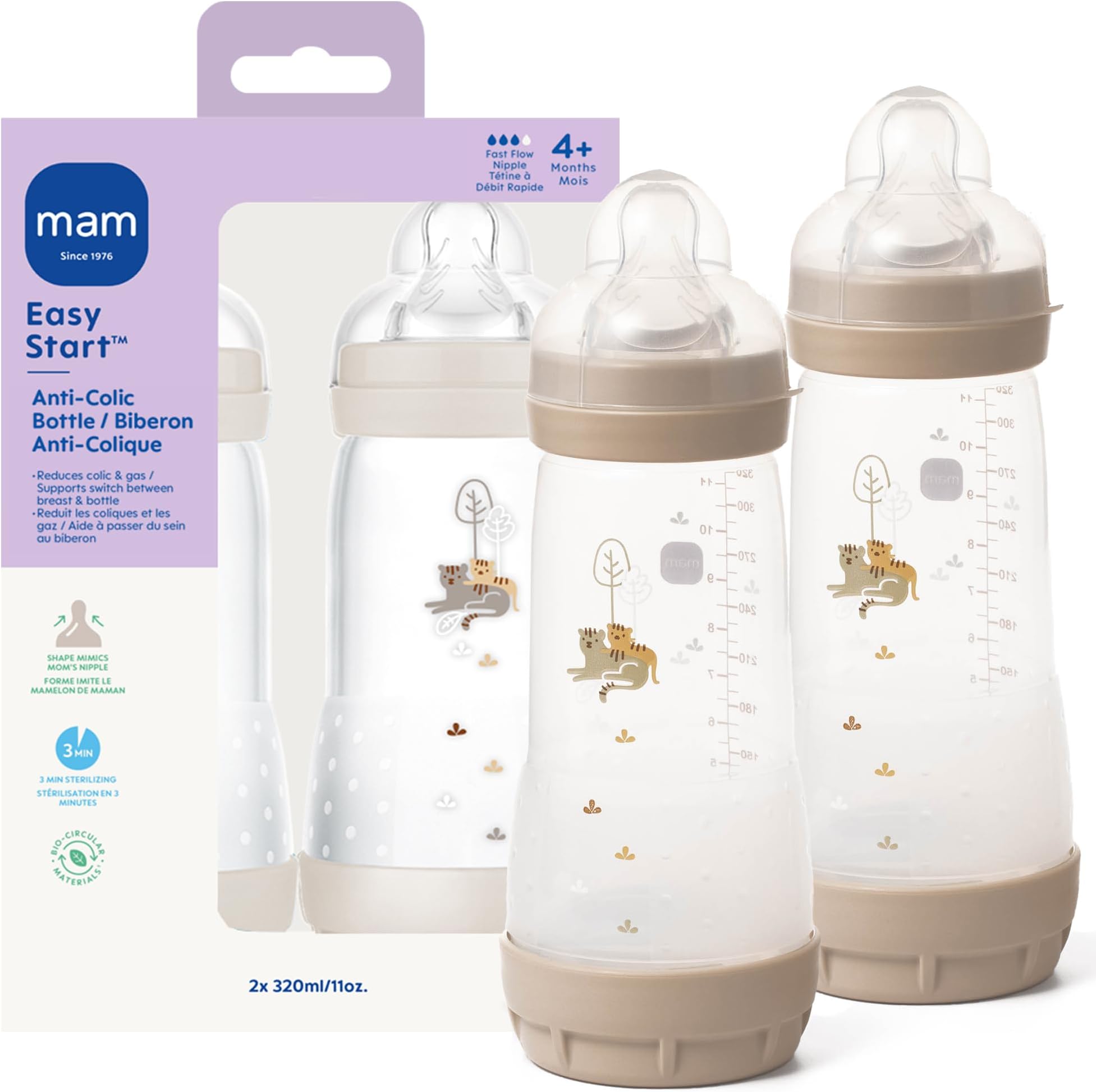 Easy Start Anti-Colic Wide Neck Baby Bottle, 11oz, Fast Flow Breastfeeding-Like Nipple, Reduces Colic Gas & Reflux, Easy to Clean, BPA Free, 4+ Months, Cotton, 2 Pack, Made in Europe
