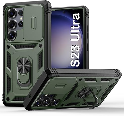 PASNEW Funda militar para Samsung Galaxy S23 Ultra, cubierta deslizante de cámara y soporte de anillo de metal, carcasa rígida protectora de cuerpo