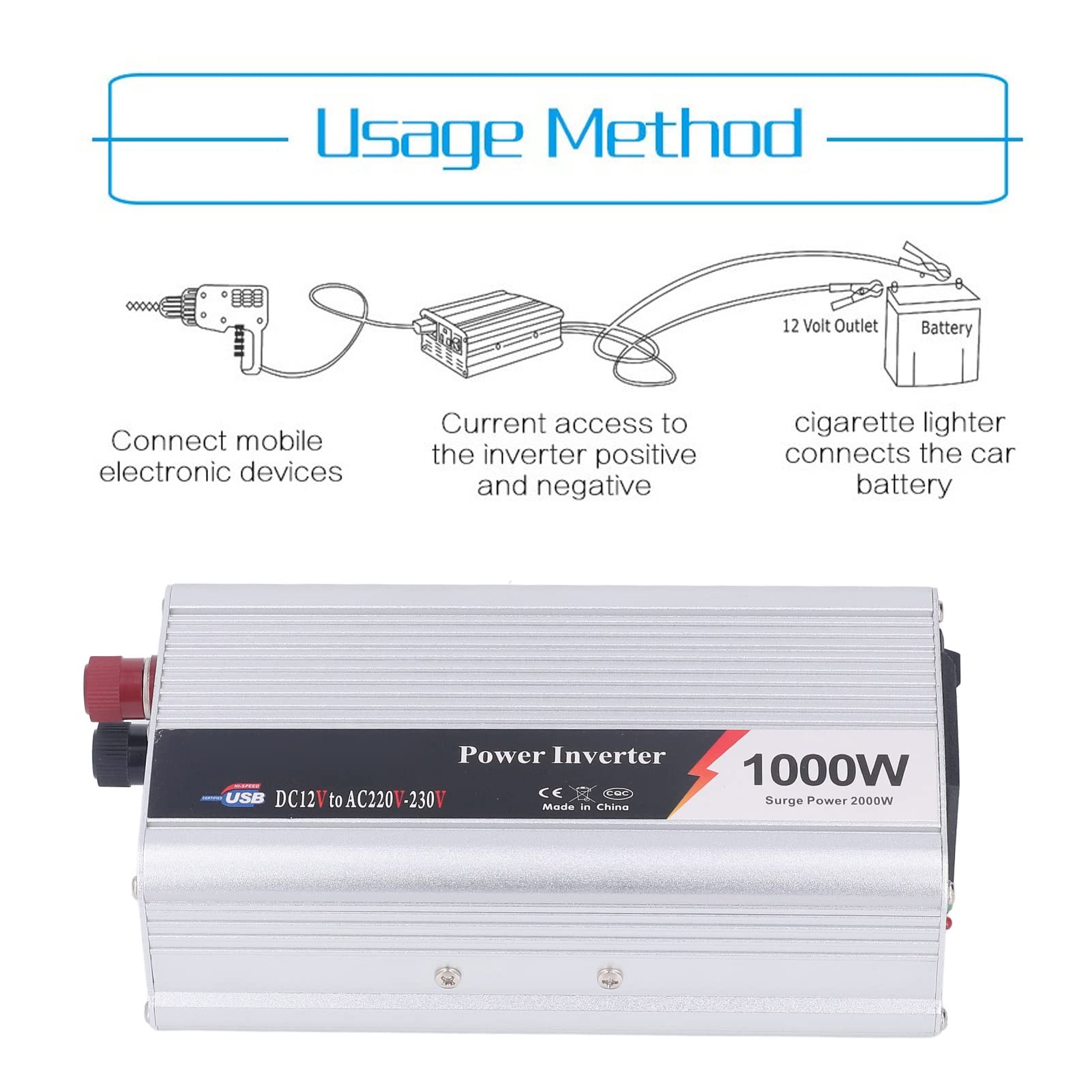 1000W DC na AC Przetwornica Napięcia Pojazdu Skorygowana Fala Sinusoidalna Przetwornica Napięcia 12V na 220V-230V Cichy Wentylator Chłodzący