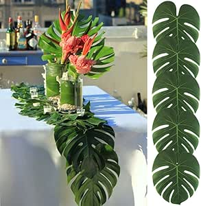 AerWo 48 Pcs Palm Leaves, Artificial Tropical Monstera Fake Leaves, Fake Palm Leaf for Safari Jungle Hawaiian Dinosaur Luau Party Table Decor Wedding Birthday Theme Greenery Party Table Decorations