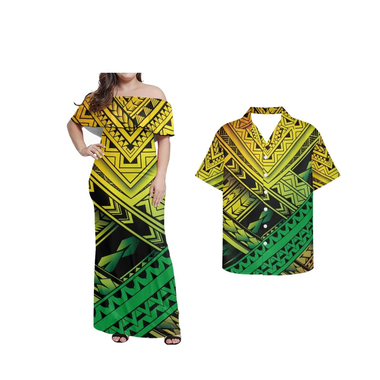 Hdjxbdhsv Samoan Puletasi Couple Dress for Men and Women One-Shoulder Polynesian Printed Samoan Tribal Dresses & Man Shirts