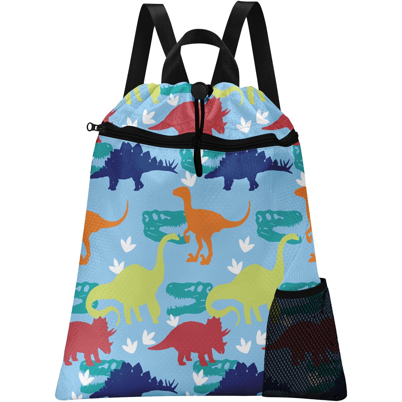 Britown Dinosaur Drawstring Backpack, 15” x 17” Waterproof Swim Bag for Beach Swimming Pool, Lightweight Foldable Gym Bag with Water Bottle Holder for