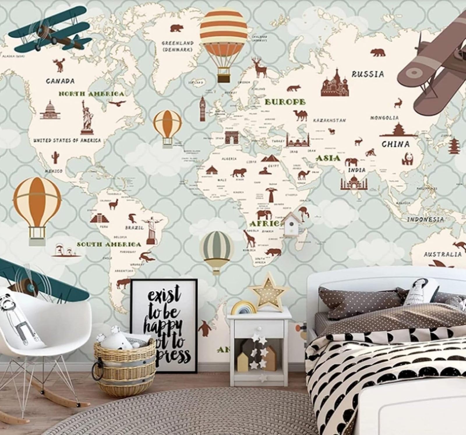 XLMING Cartoons Animals Aeroplanes Hot Air Balloons World Map 3D Wallpaper Luxury Silk Study Dining Feature Sofa Grey Bedroom Living Room Tv Decorative Wall-400cm×280cm