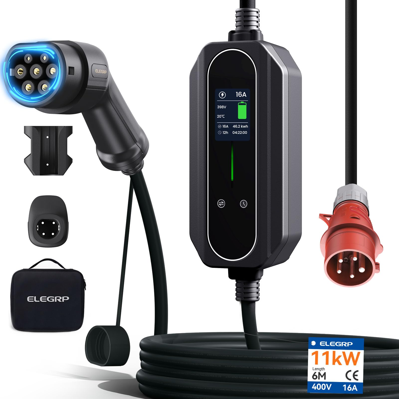 ELEGRP 11 kW Mobile Wallbox con cavo di ricarica tipo 2, caricatore trifase per veicoli elettrici, regolabile da 6 a 16 A, cavo da 6 m, impermeabile IP67, stazione di ricarica mobile IEC 62196-2.