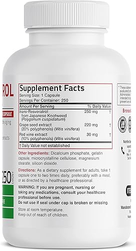Miniatura 10 de Bronson Resveratrol 500 Complex Trans-Resveratrol estandarizado + extracto de semilla de uva y vino tinto, 120 cápsulas