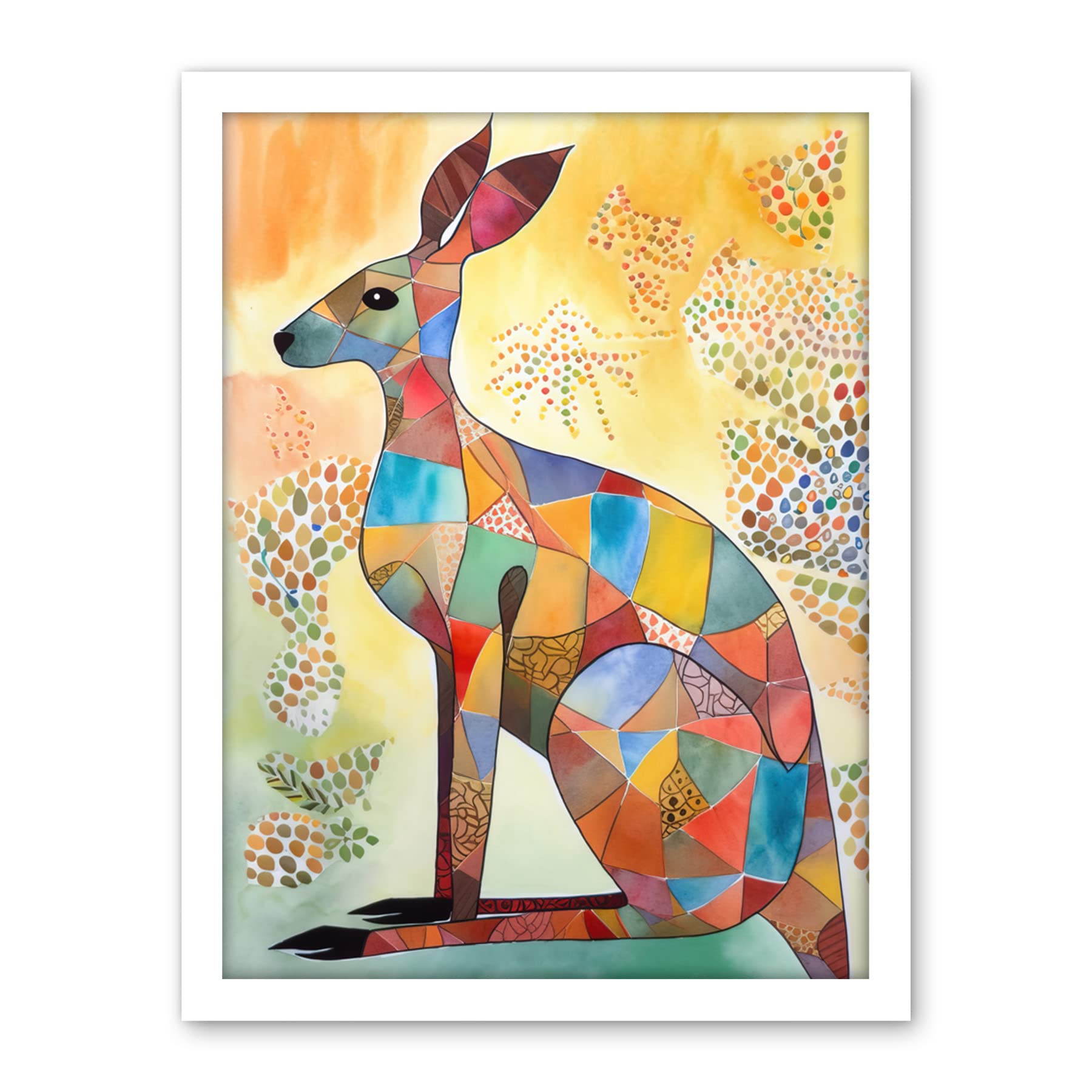 Artery8 Multicoloured Kangaroo Folk Art Watercolour Painting Artwork Framed Wall Art Print 18X24 Inch