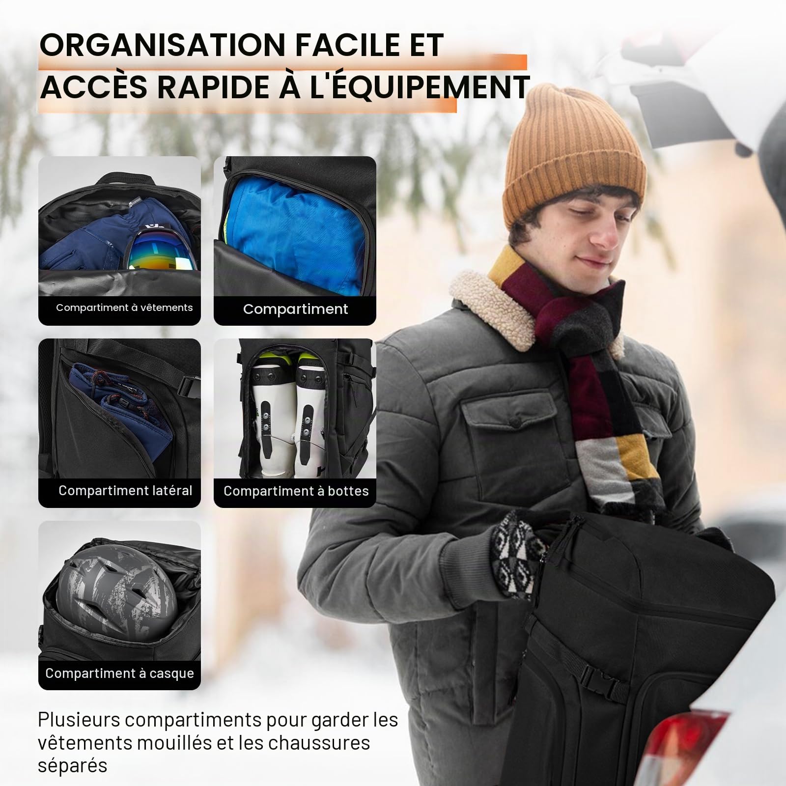 Odoland Housse à Skis 200cm et Sac à Dos pour Chaussures de Ski, Sacs Rembourrés de Skis, Double Imperméable pour Transporter d'Équipement de Ski, Chaussures, Lunettes, Casque pour Homme Femme