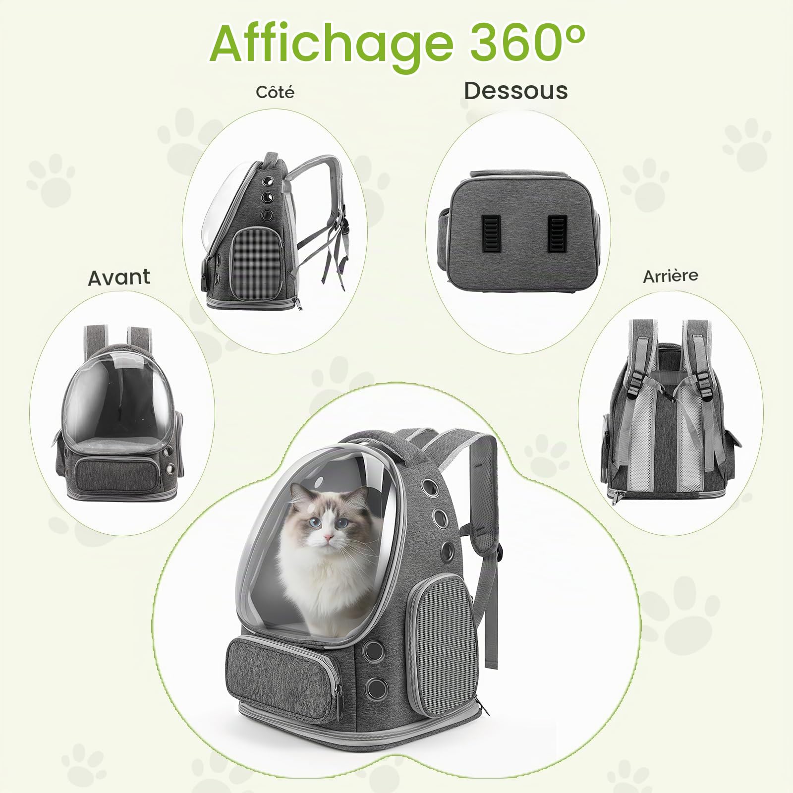 Sac à Dos pour Chat Bulle Transparent, Sac de Transport pour Animal - Sac Portable et Pliable pour Chien/Chat jusqu'à 5kg, Respirant et Léger pour Vétérinaire, Voyage (Gris, 42x34x27cm)