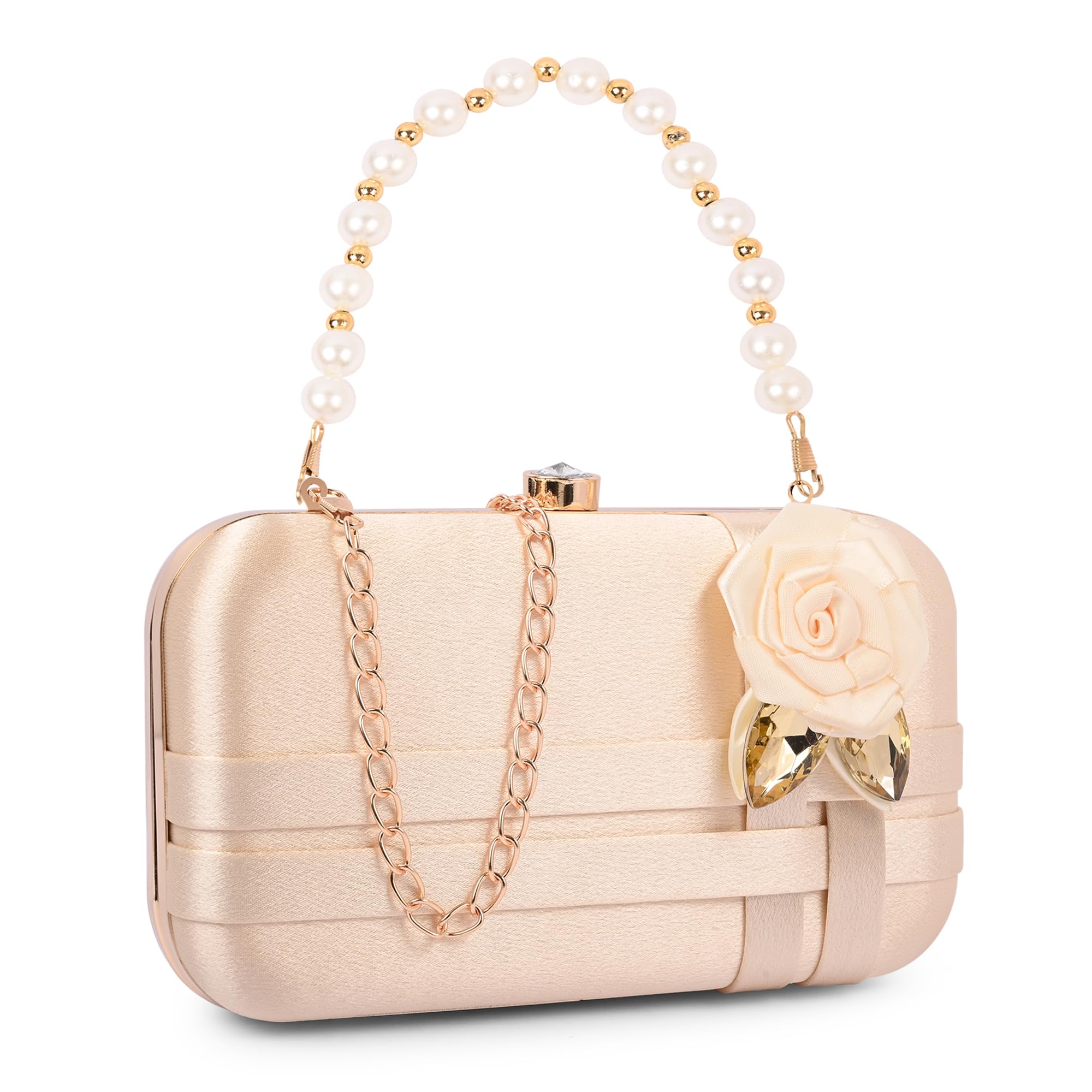 Studded flower formal party clutch with pearl handle and gold chain for women and girls (CL111)