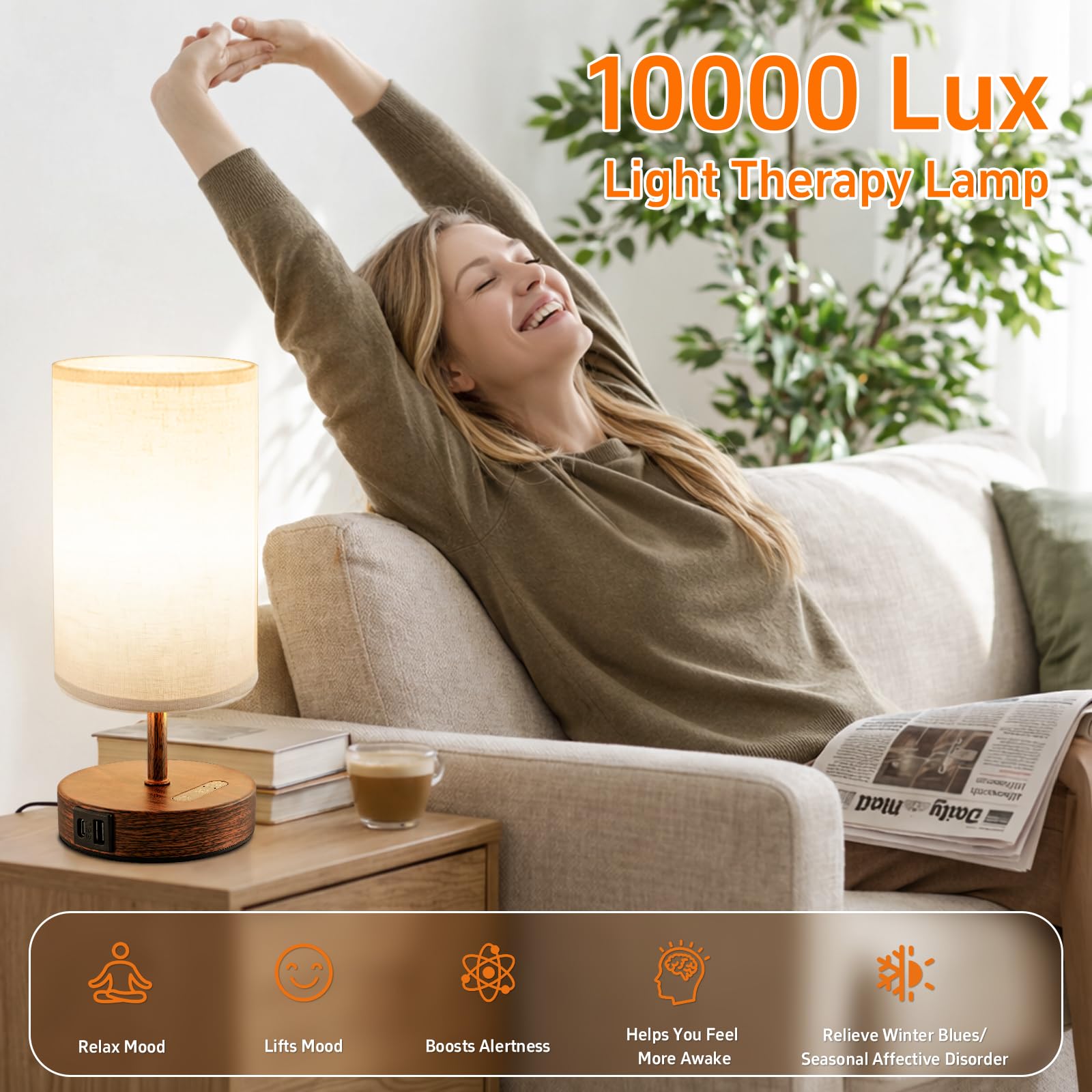 Lampe de luminothérapie, lampe de thérapie à lumière naturelle 10 000 lux avec télécommande, lampe solaire, 3 températures de couleur et minuterie, contrôle tactile, lampe de lumière du jour