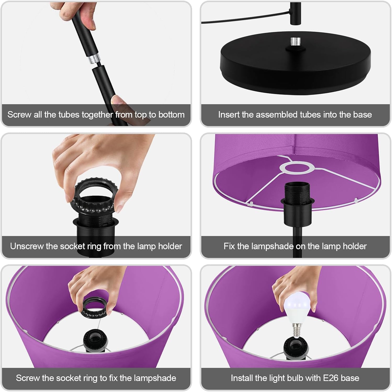 AUQUEE Floor Lamp, Standing Lamp, Modern Stand Up Lamps with Purple Lampshade, 59" Tall, Foot Switch, Simple Living Room Decor for Kids Room, Girls Room, Den, Office - Black(NO Bulb,E26 Base)