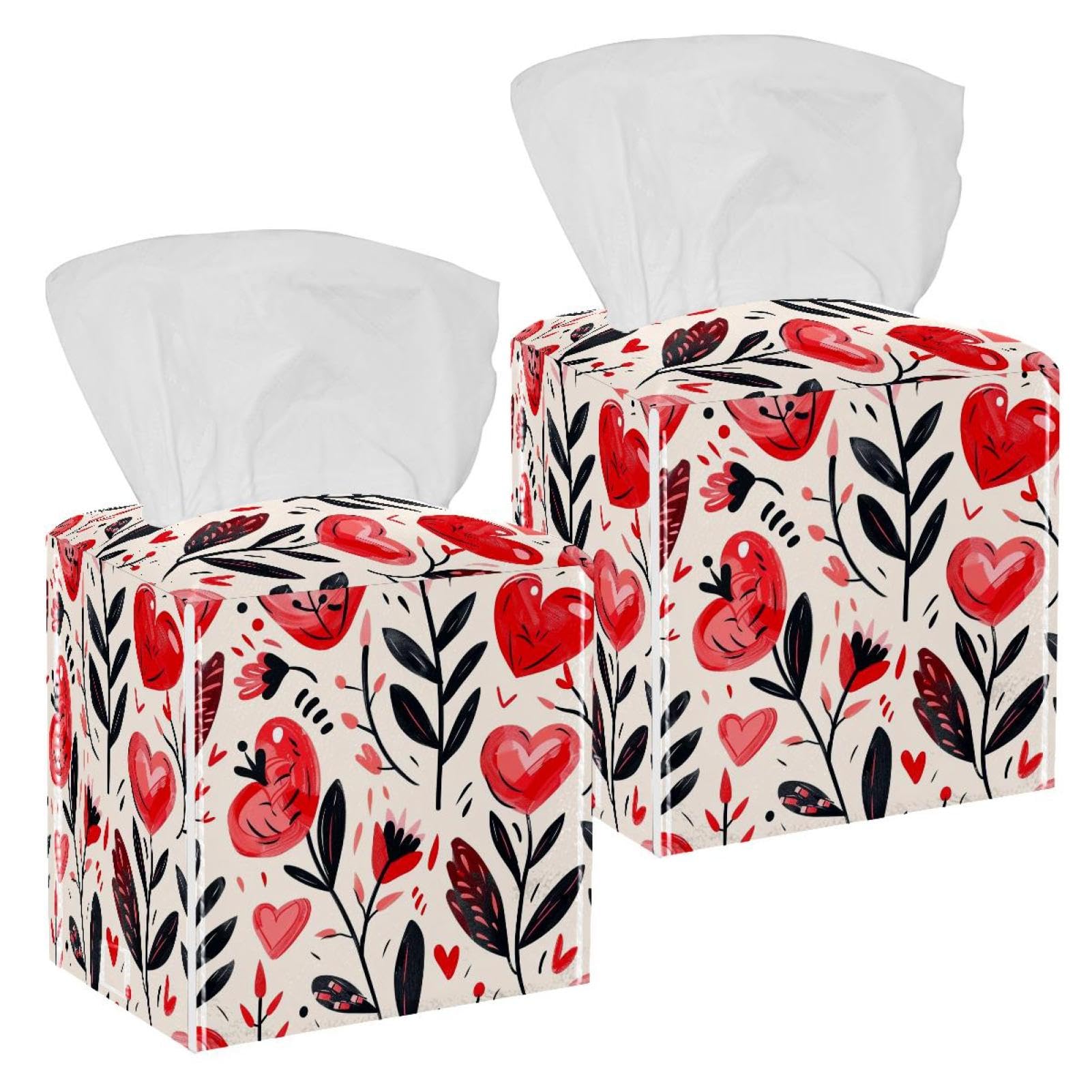 Valentine's Day Heart Tissue Box Cover, 2 Pack PU Leather Square Facial Tissue Dispenser Box holder for Home Office Car