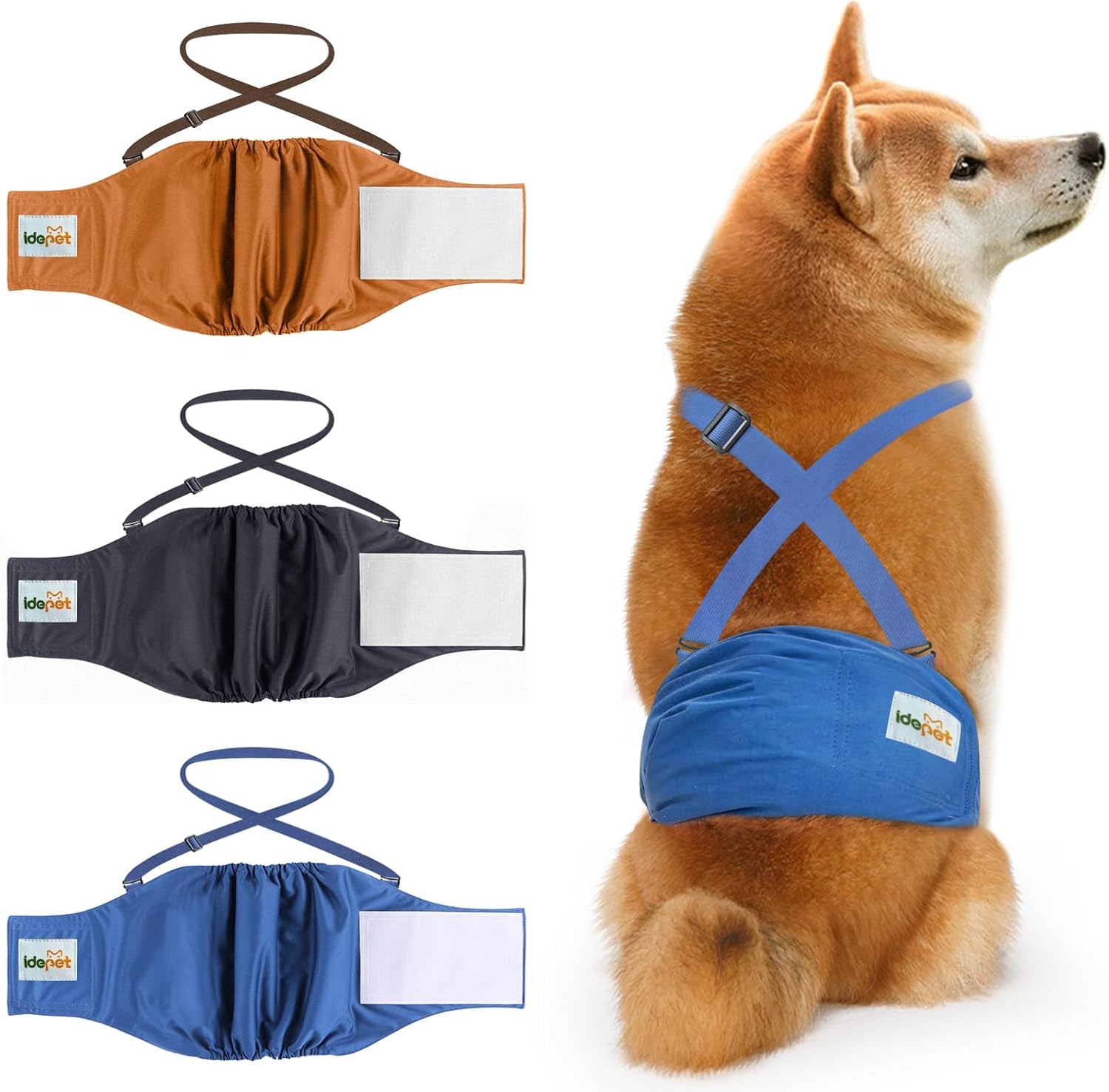 Idepet Belly Bands for Male Dogs with Suspender Detachable, 3 Pack Male Dog Belly Bands Washable Doggie Boy Diapers Reusable Male Pee Wraps for Small