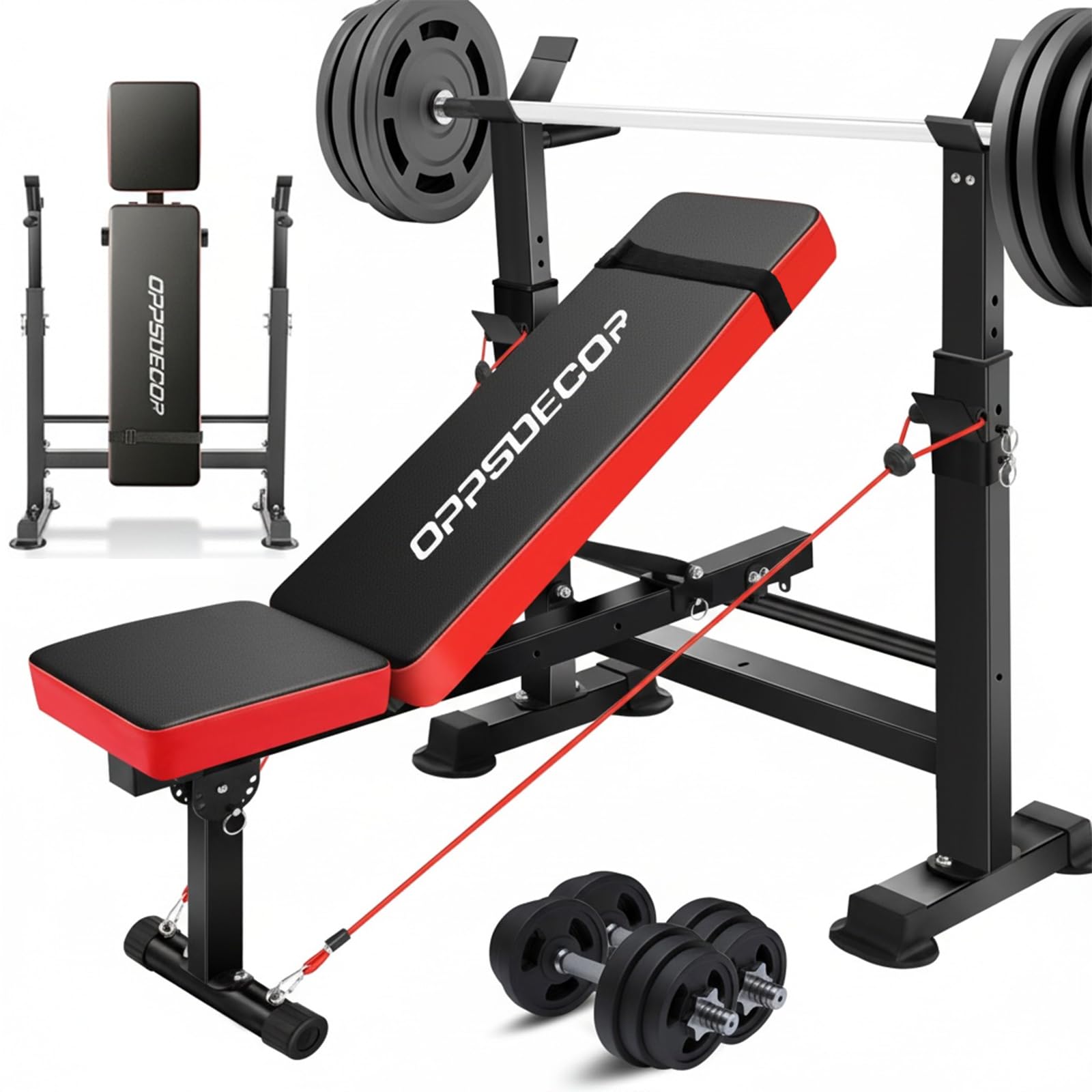 900LBS Weight Bench Set Adjustable Workout Bench for Home Gym | Bench Press, Incline Press, Squat Rack, Leg Developer, Preacher Curl Pad, Fits 6-7ft Barbells, 2-Second Fold, 38-in Rear Rack