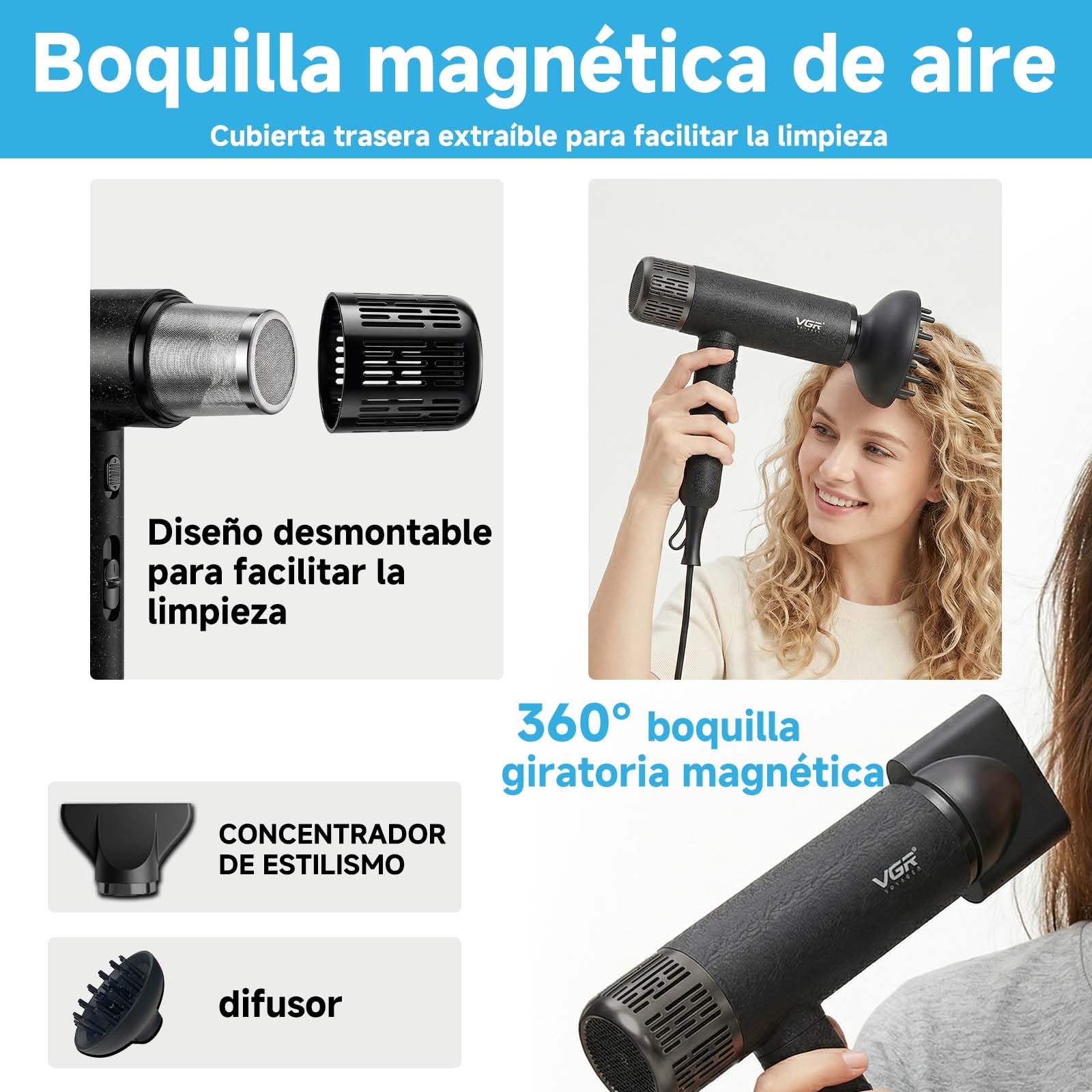 VGR 640 HD Secador De Pelo Profesional Con Motor BLDC De 110000 RPM | Secado Rápido, Secador Pelo Ionico Con Tres Accesorios De Peinado Magnéticos, Hair Dryer Con Filtro Trasero Desmontable