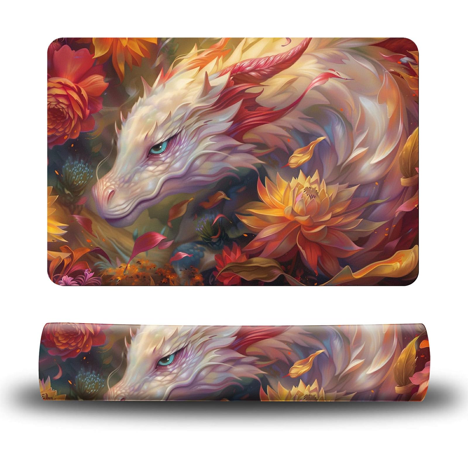 Dikoer Dog Food Mat, 15.7" x 23.6" Absorbent Pet Feeding Mat for Food and Water, Waterproof Diatom Mud Pet Placemat with Non-Slip Rubber Backing, Cat Bowl Mat for Floors - Pink White Dragon
