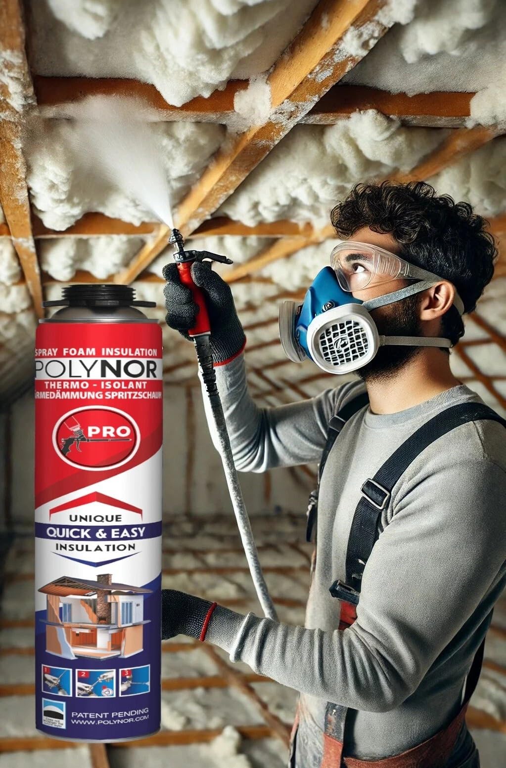 POLYNOR PUR-Wärmedämmung in der Dose PRO – Set – 24 Schaumstoffe – Schaumpistole – Sprühbare Wärmedämmung – Dämmung von Wänden, Dächern, Decken, Rohren – Aerosol 750 ml