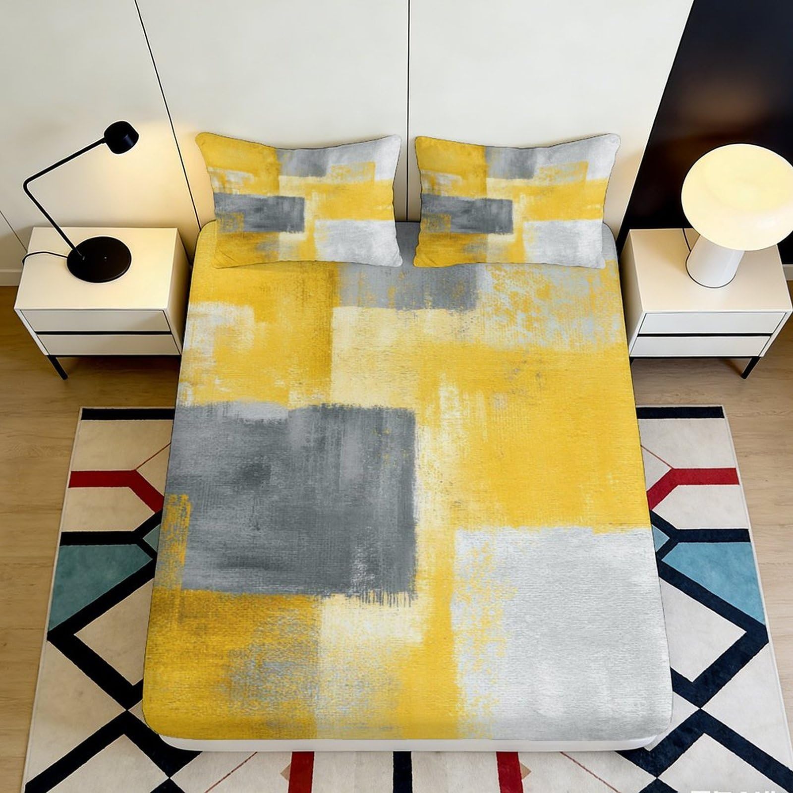 Jqzkxnhpbr Style-5 3D Printed Abstract Yellow Block Fitted Sheet Microfiber Soft Grey Bed Cover For Bedroom Guest Room Decor 90X200x25cm