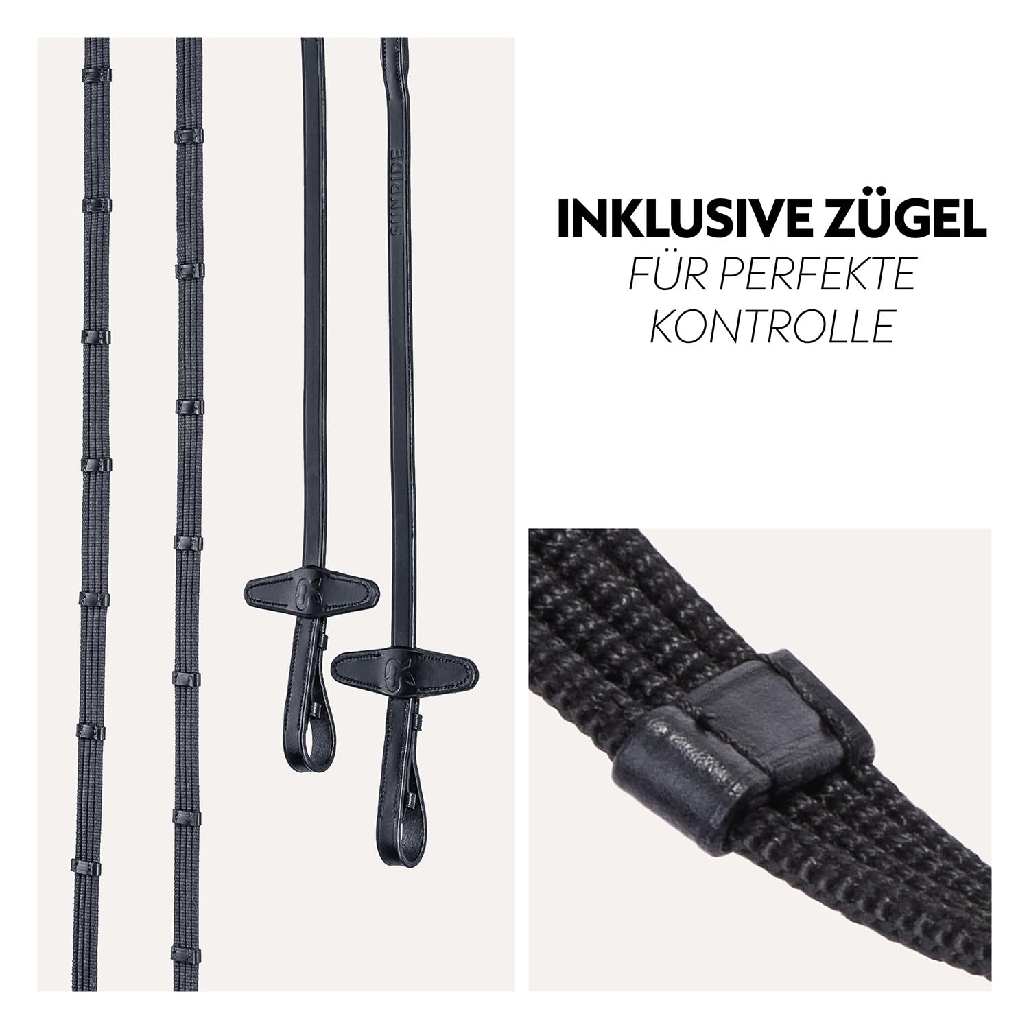 SUNRIDE Brida Sueca “Oxford” con riendas - Hecha de Suave Cuero Genuino con Pelo, Ajustable y anatómica (Full, Negro)