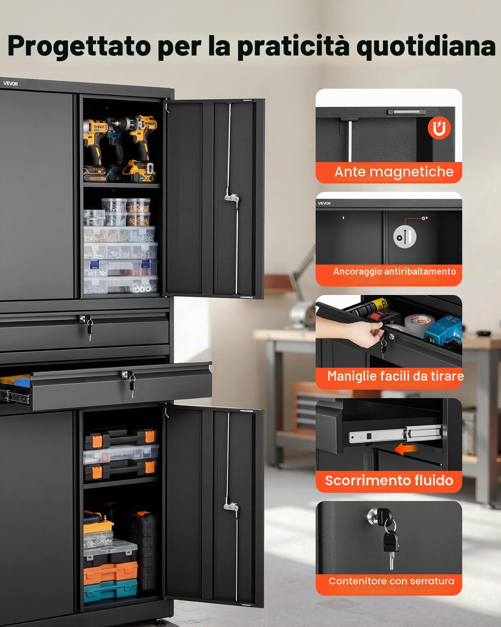 VEVOR Armadio Portaoggetti in Metallo, Armadio Portautensili, Portata per Ripiano Fino a 81,5 kg, Altezza 180 cm, 4 Ante con Serratura e Ripiani Regolabili, 2 Cassetti, per Garage, Ufficio e Casa