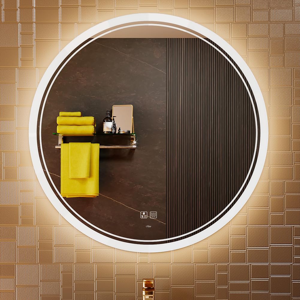 Espejo de Tocador de Baño Circular LED Moderno a Gran Escala, Temperatura de Color Ajustable, luz Ajustable Antiniebla, Espejo Montado en la Pared Horizontal/Vertical (80_x_80_cm)