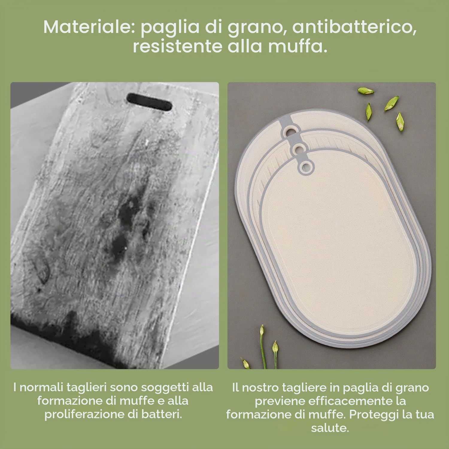 Tagliere 3 pezzi in Paglia di Grano, Cutting Board, Tagliere con Scanalature per Succo, Maniglie Antiscivolo, Fori per Appendere e Base, Tagliere da Cucina senza BPA