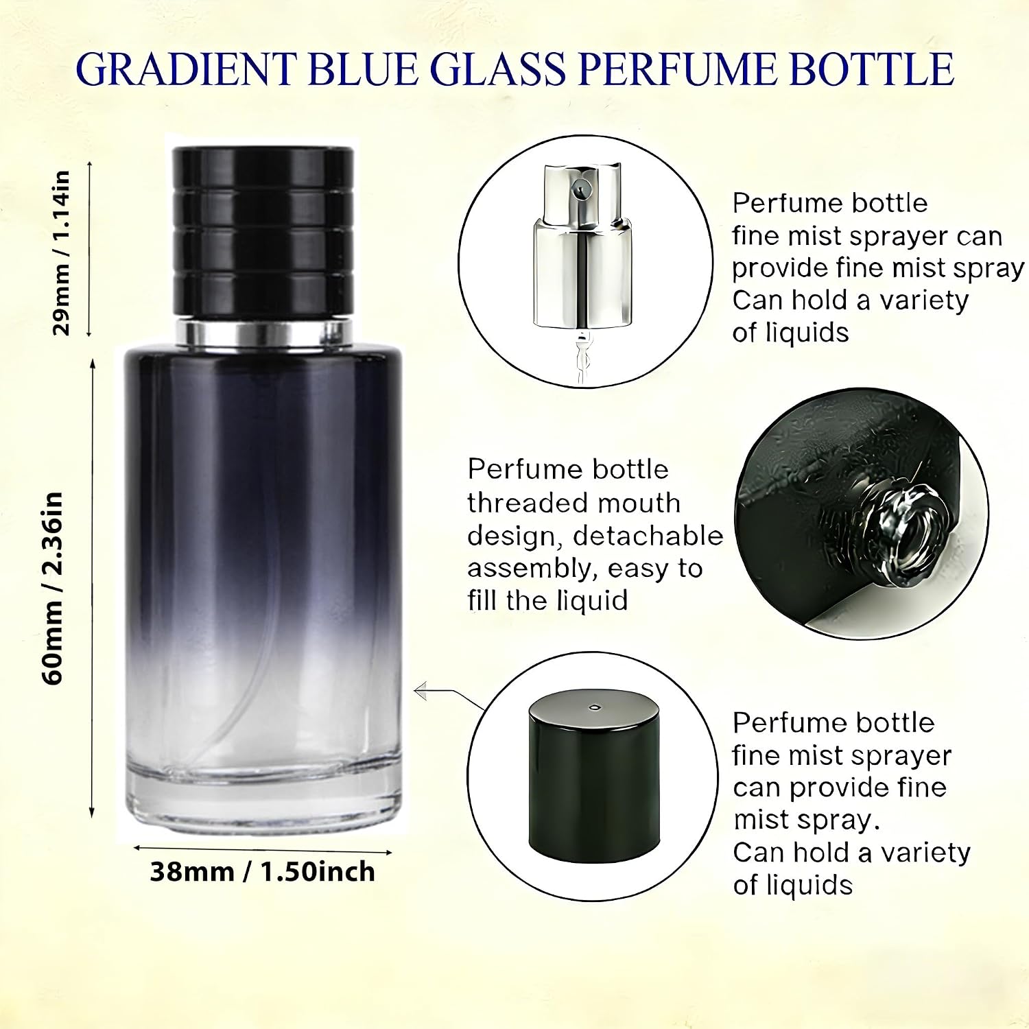 Perfume Bottle 30ml 8Pack Refillable Cylinder blue Glass Perfume Bottle with Fine Mist Sprayer - Premium Portable Empty Dispenser for Perfume, Face Spray, Essential Oils, and DIY Beauty Products image 2