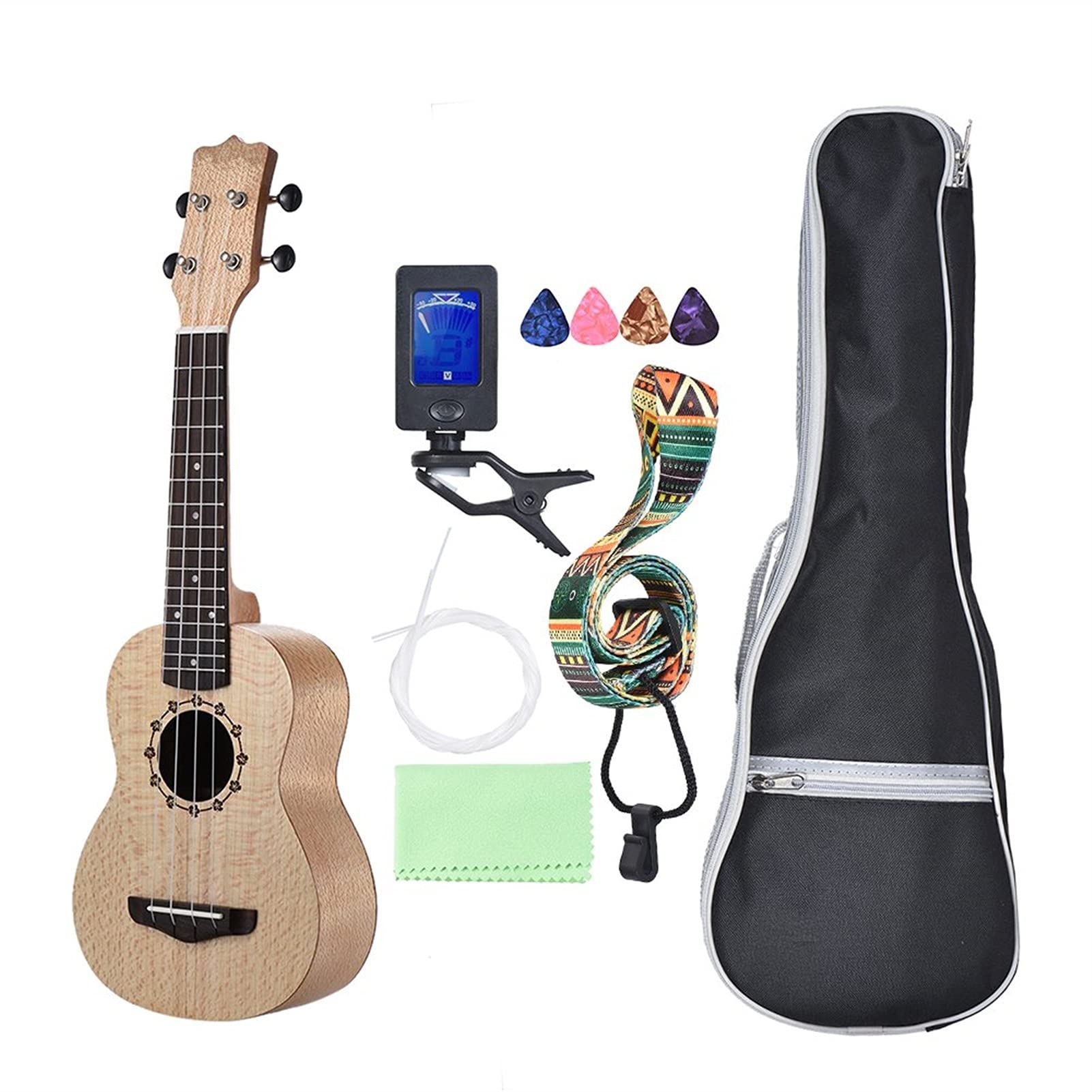 Ukulele Soprano Ukulele da 21 Pollici Ukelele Platanus Body Body Body Berco in Palissandro 4 Corde Chitarra Ukulele Set con Parti di Chitarra Extra Concerto Ukulele