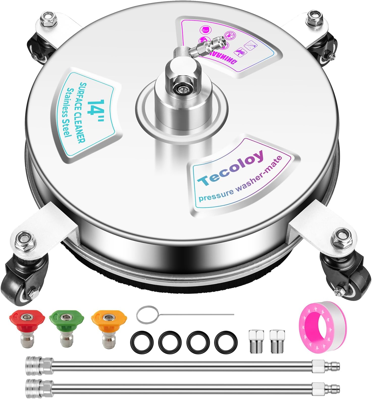 14" Pressure Washer Surface Cleaner with 4 Wheels-Stainless Steel Power Washer Accessory for Concrete Driveways Sidewalks Patios Cleaning with 3 Spray Nozzles