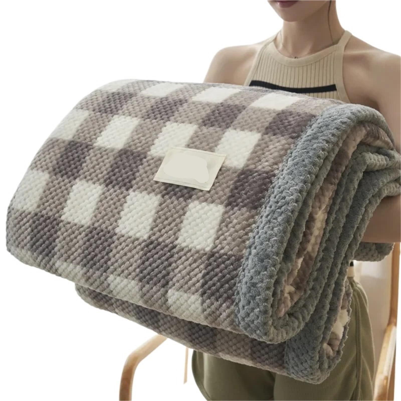Bedspread Soft Chenille Knitted Blanket Machine Washable for Couch Bed(Coffee mid Checkered,120x200cm 0.9kg)
