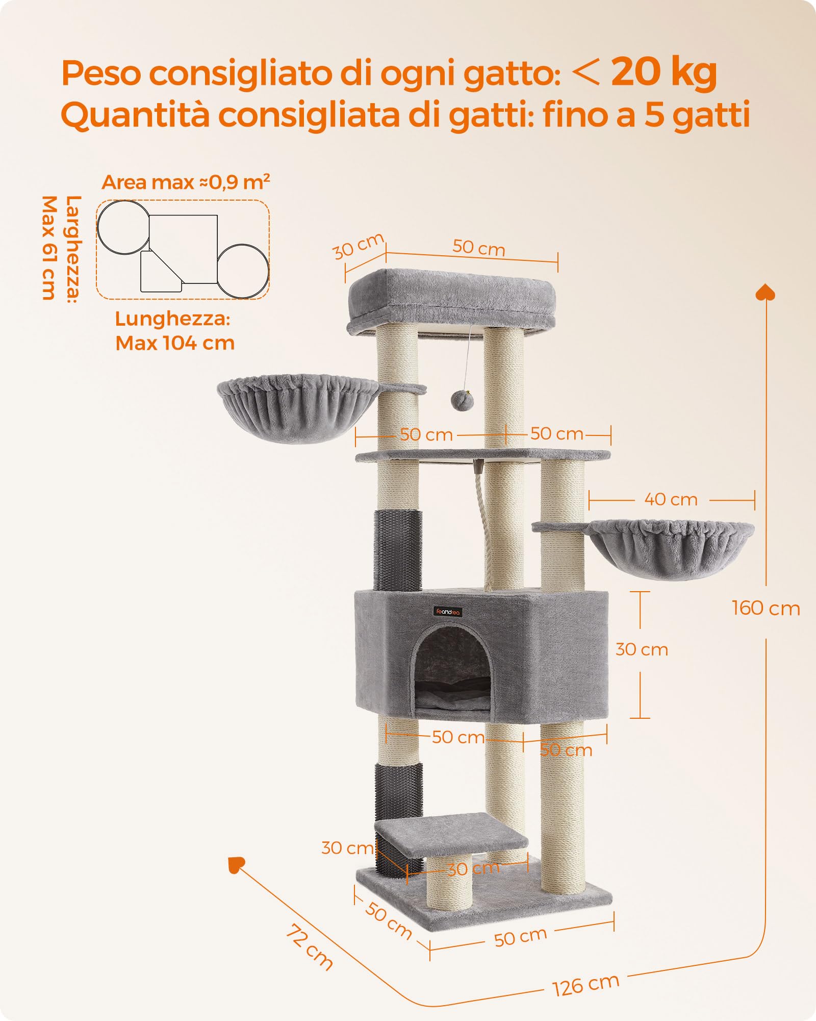 Feandrea Albero per Gatti Grandi, Tiragraffi con Tappeti Autoriscaldanti, Pattine, Graffiatoi, Grotta, Corda Sisal, per Grandi Gatti, 50 x 50 x 160 cm, Grigio Tortora e Bianco Crema PCT003N01