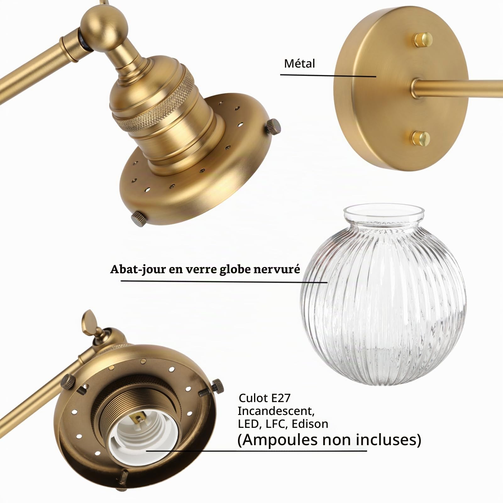 Pathson Industriel Applique Murale Abat-jour en Verre Strié Éclairage Intérieur, E27 Miroir Lampe Murale pour Salon, Salle de bain, Chambre à Coucher (Antique)