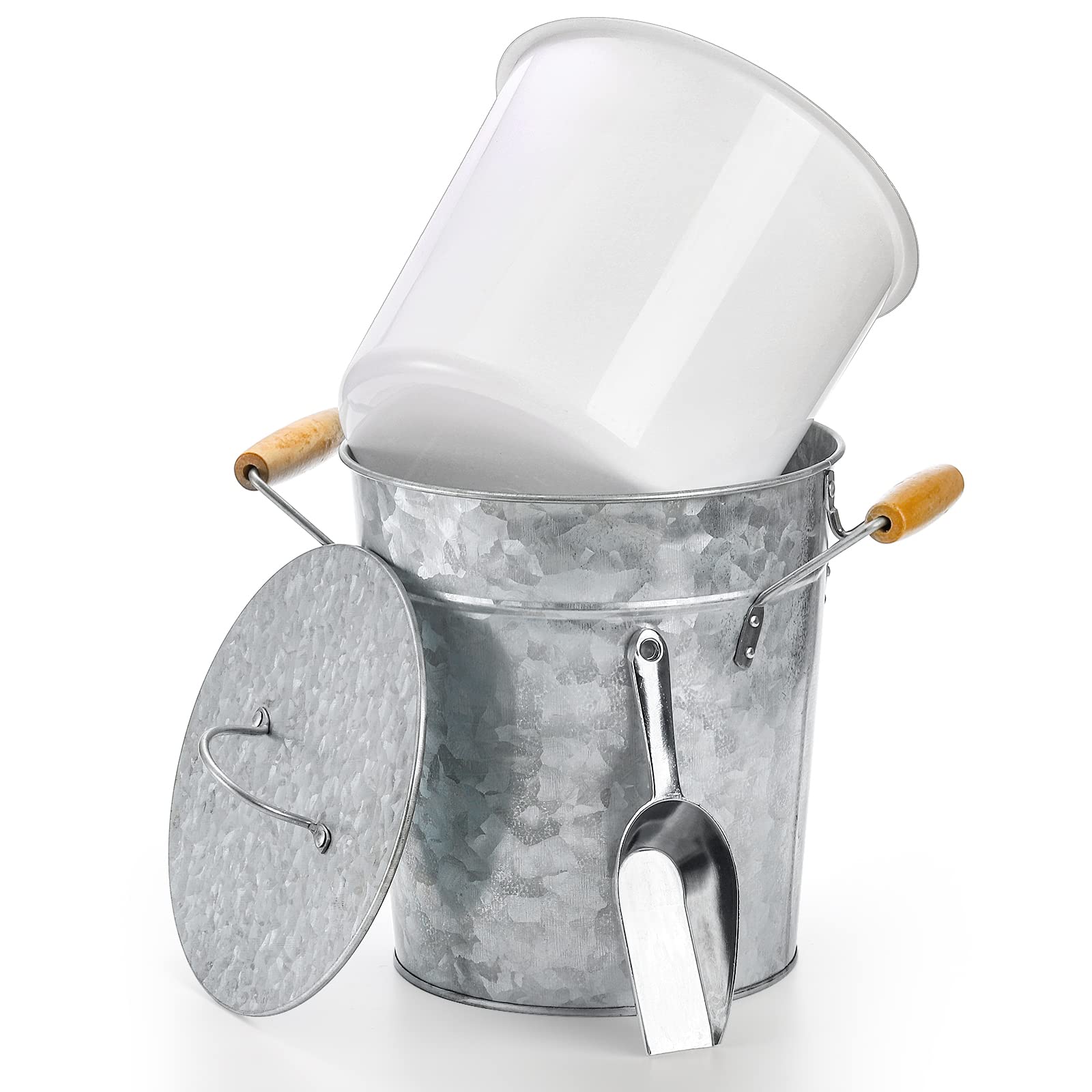 Frcctre 3L Vintage-Eiskübel mit Deckel, verzinktes Metall, Getränke-Eimer mit Schaufel und Tragegriffen, silberfarbenes Kühlgetränkeset für Bar, Party, Grill