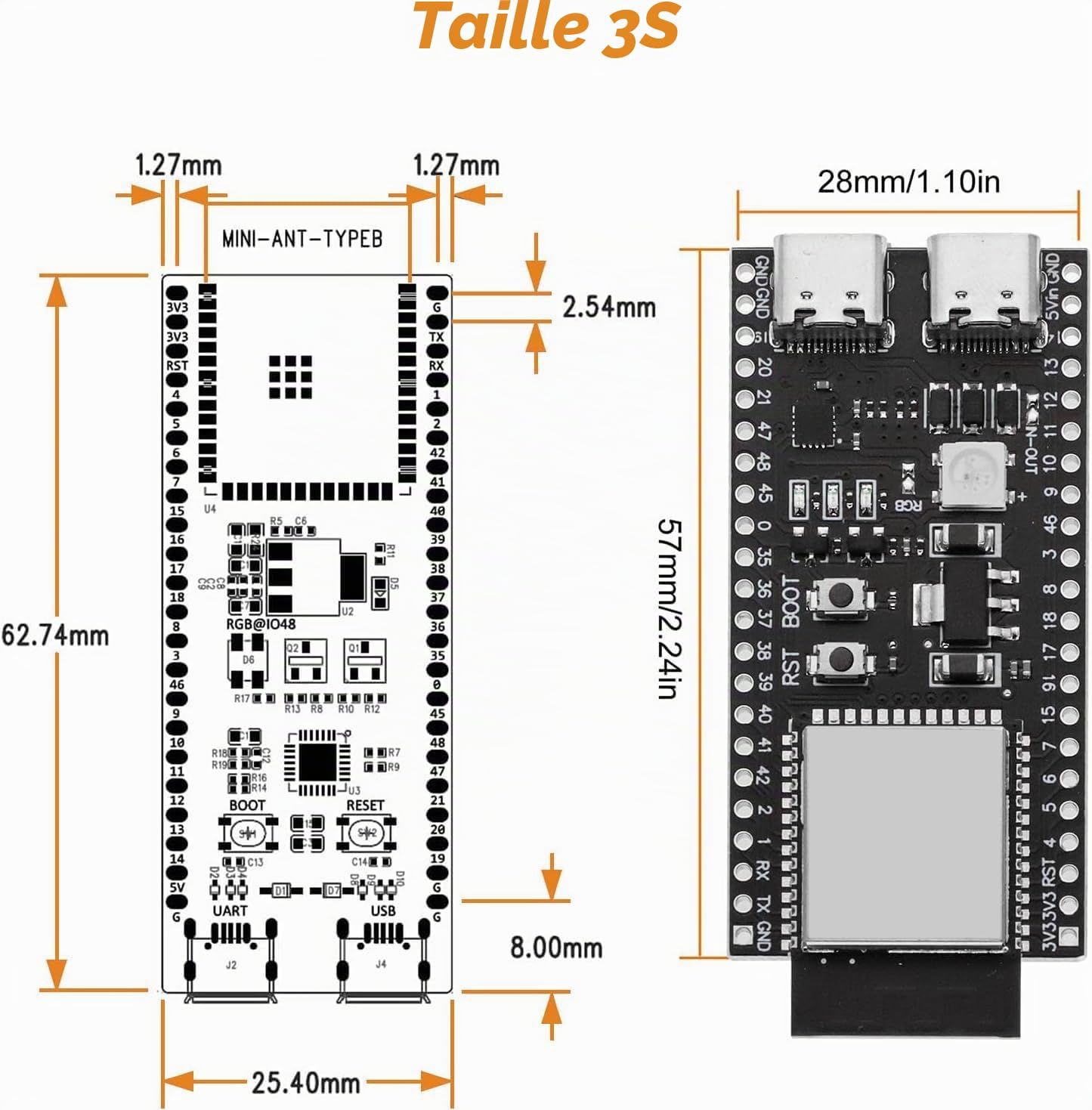 pour ESP-DevC-1-N16R8-S3 Carte de développement AYWHP 3 pièces Module pour ESP-DevC-S3 avec MCU Faible Puissance WM-1-N16R8 avec Double Mode Wi-FI et connecteur Bluetooth Type-C