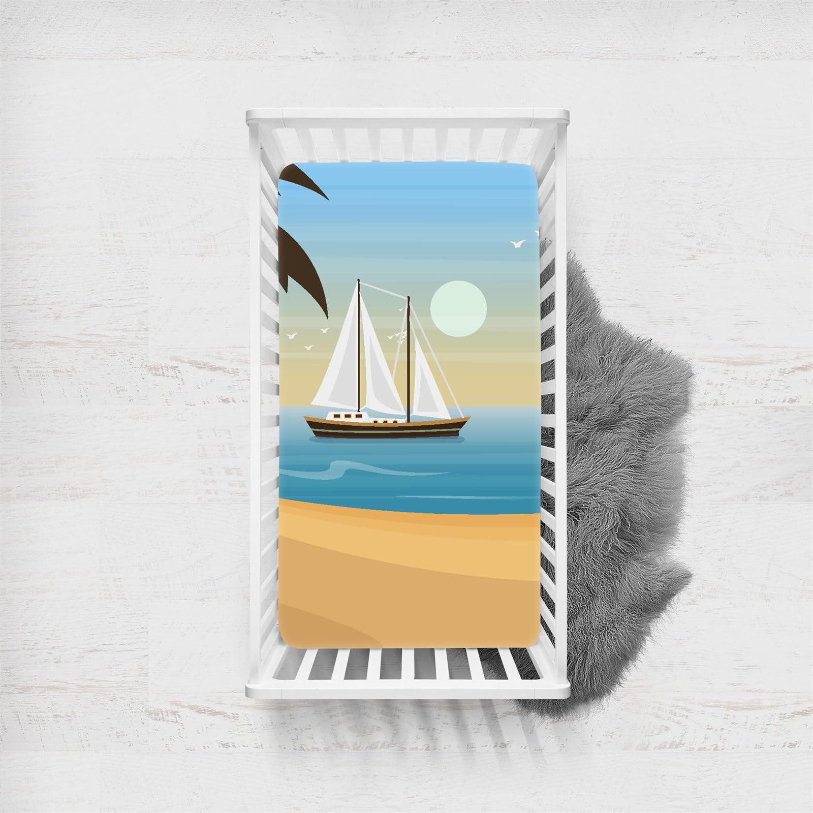 Odot Cot Bed Fitted Sheets, Sea View Cartoon Style Moses Basket Fitted Sheet Crib Fitted Sheets Soft Baby Bed Sheets Bassinet Sheets Cot Bed Mattress Protector (Sea View,120x60cm)